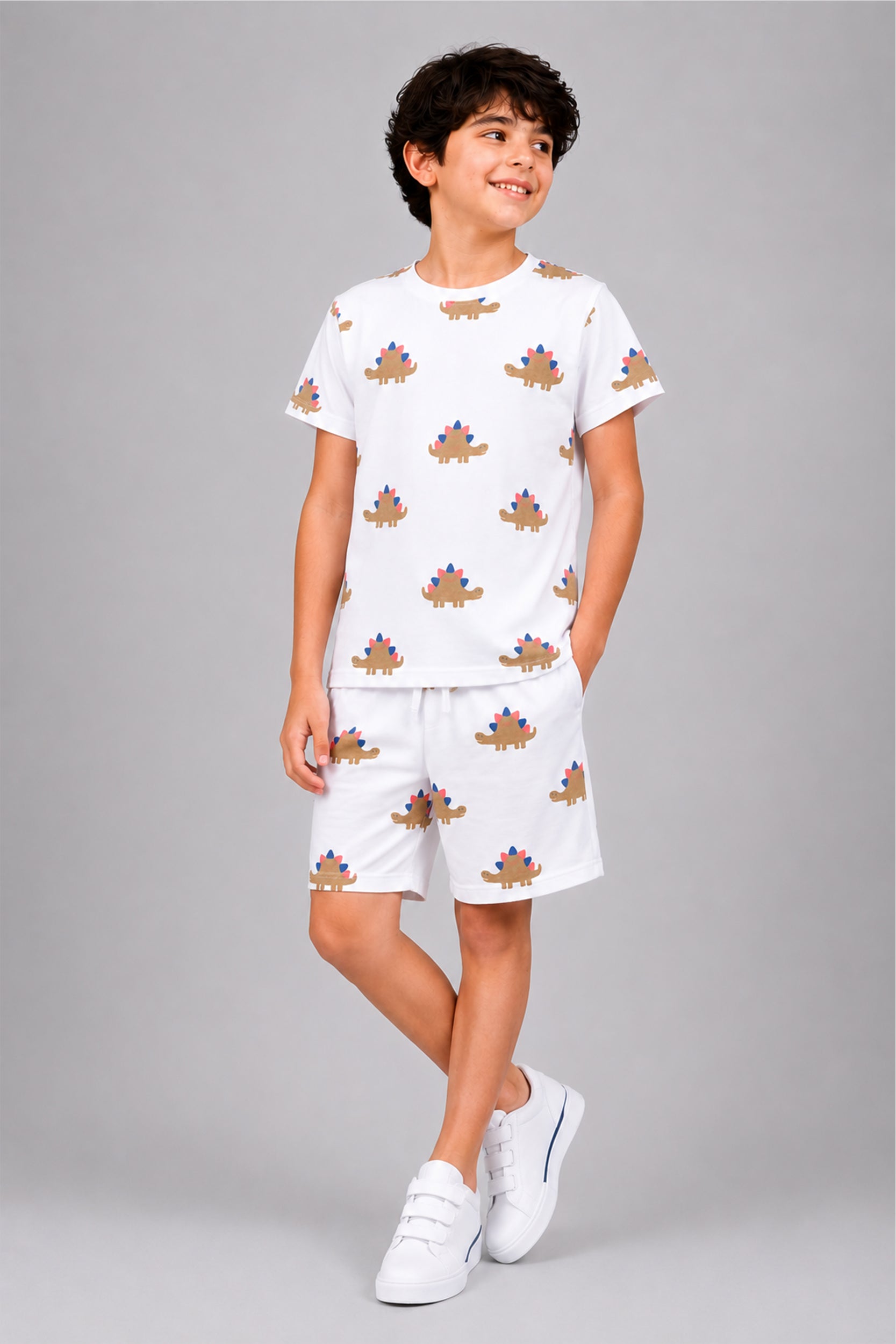Boys white Dino Adventure Co-ord Set | Giggles Crew Kids Clothing Pakistan |