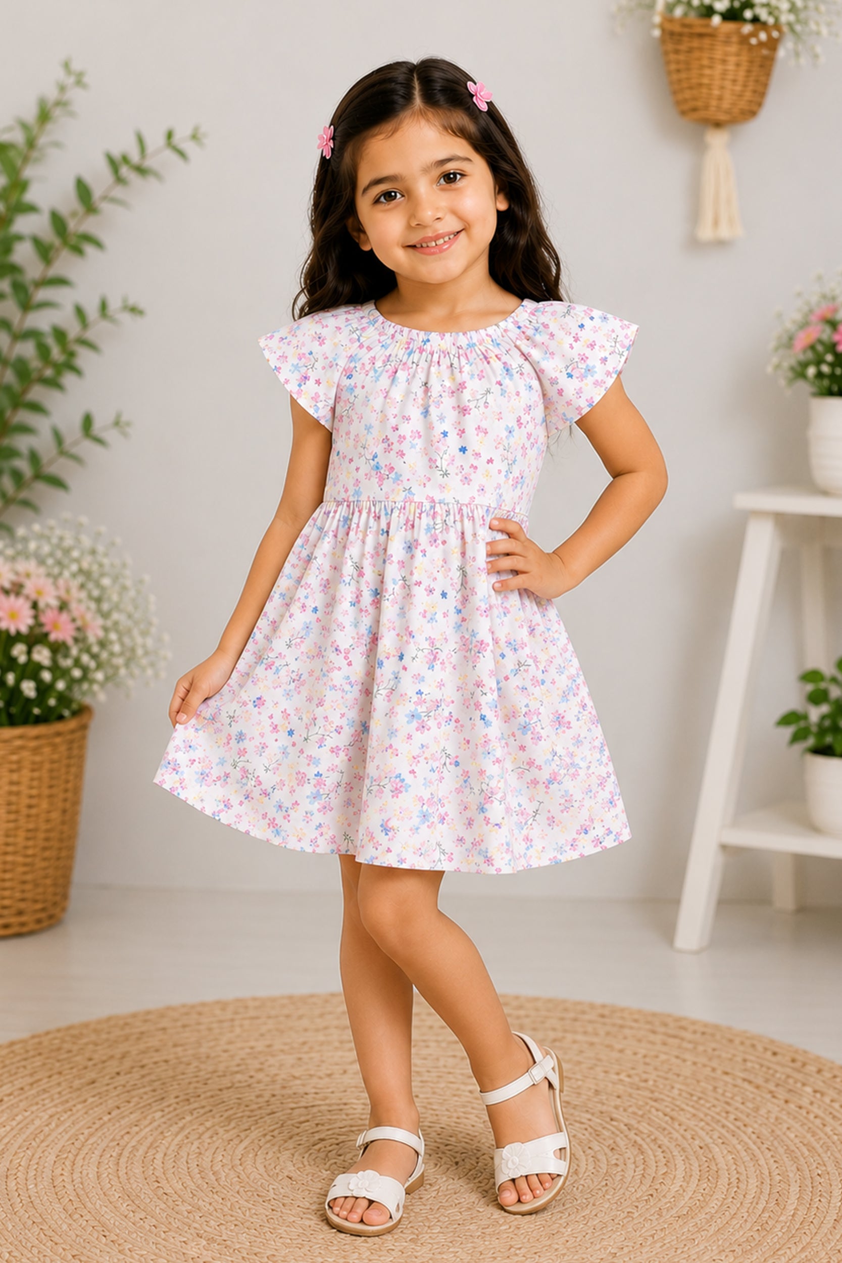 Girls Blossom Garden Printed Flutter Sleeve Frock
