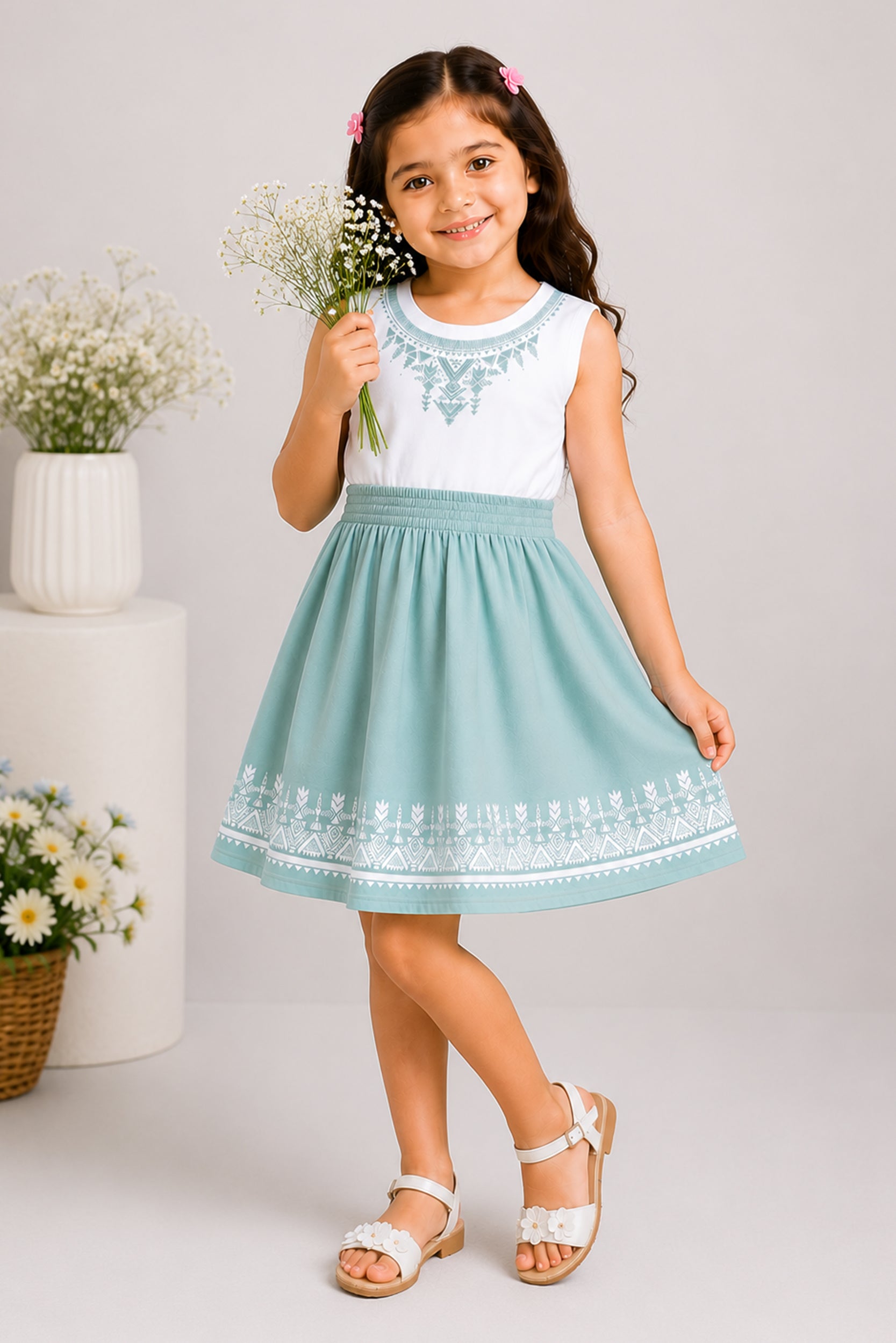 Girls Mint Mist Tribal Print Girls' Frock
