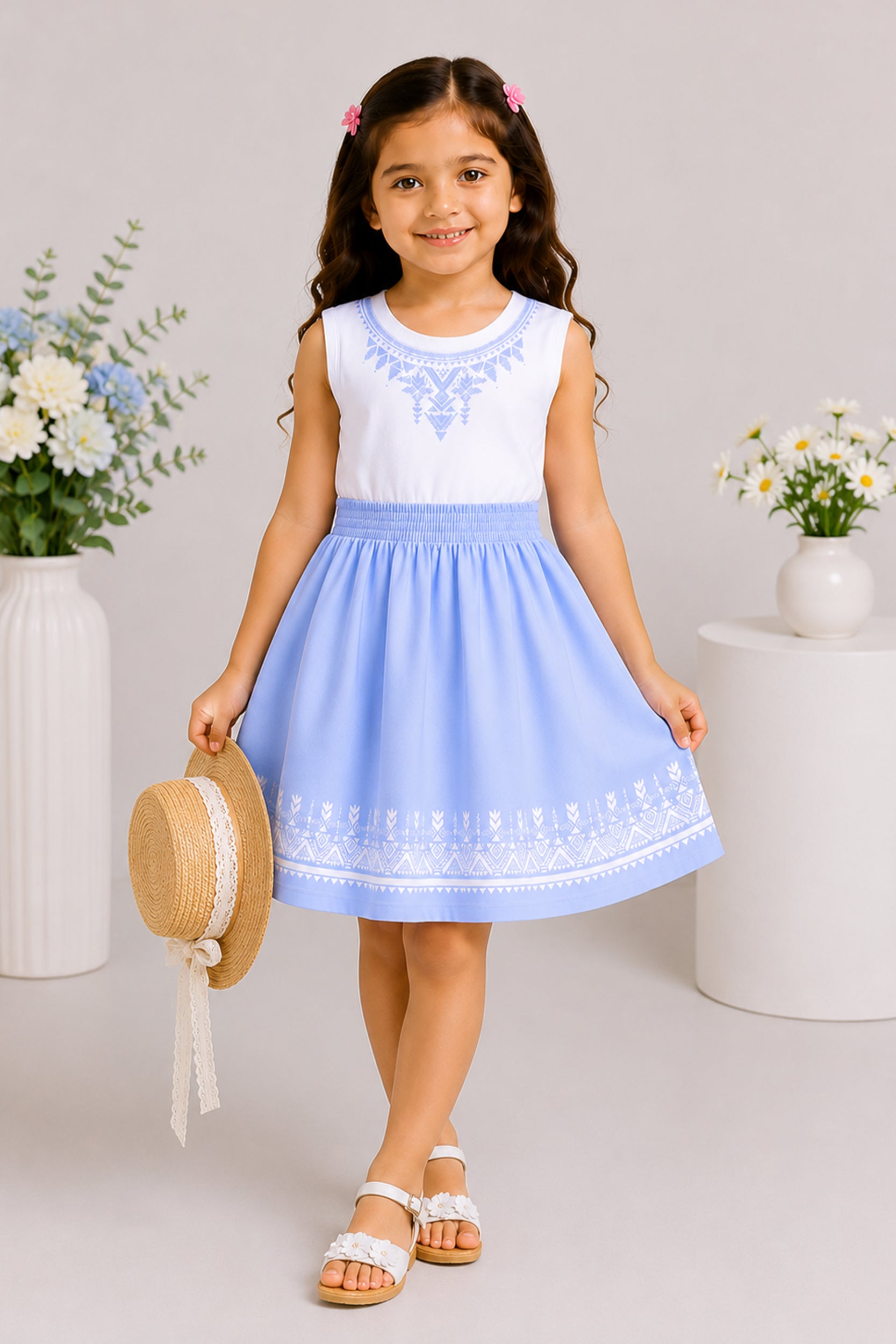 Girls Sky Blue Printed Girls' Frock