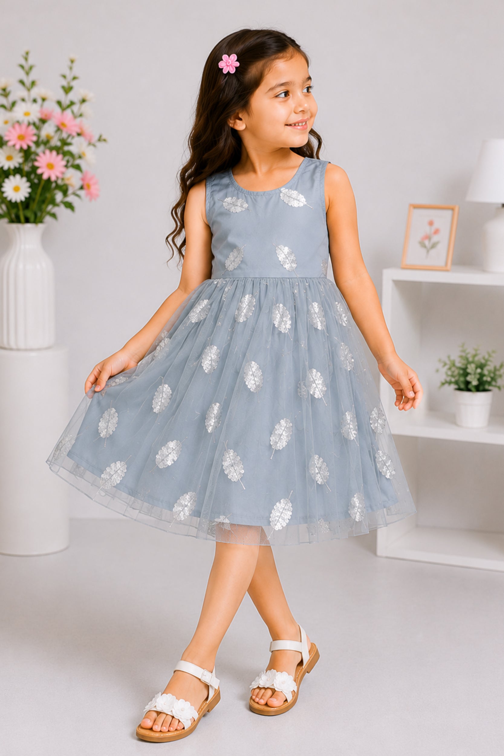 Light Blue Sequin Leaf Tulle Dress