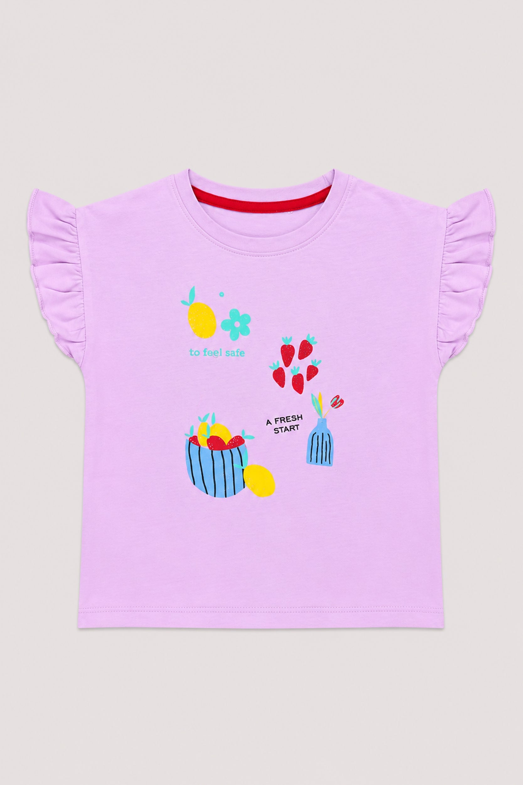 Girls Fresh Start Ruffle Sleeve Graphic T-Shirt – Lavender | Giggles Crew Kids Clothing Pakistan |