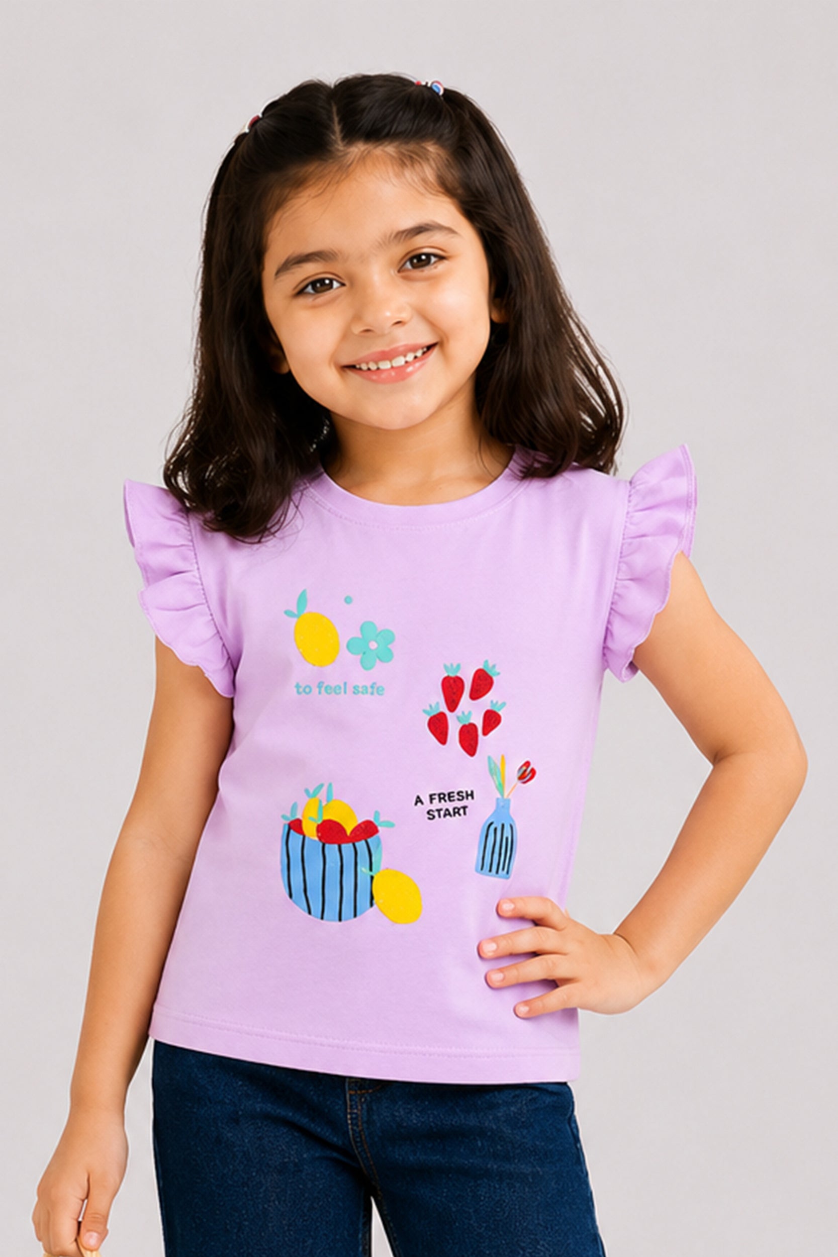 Girls Fresh Start Ruffle Sleeve Graphic T-Shirt – Lavender | Giggles Crew Kids Clothing Pakistan |