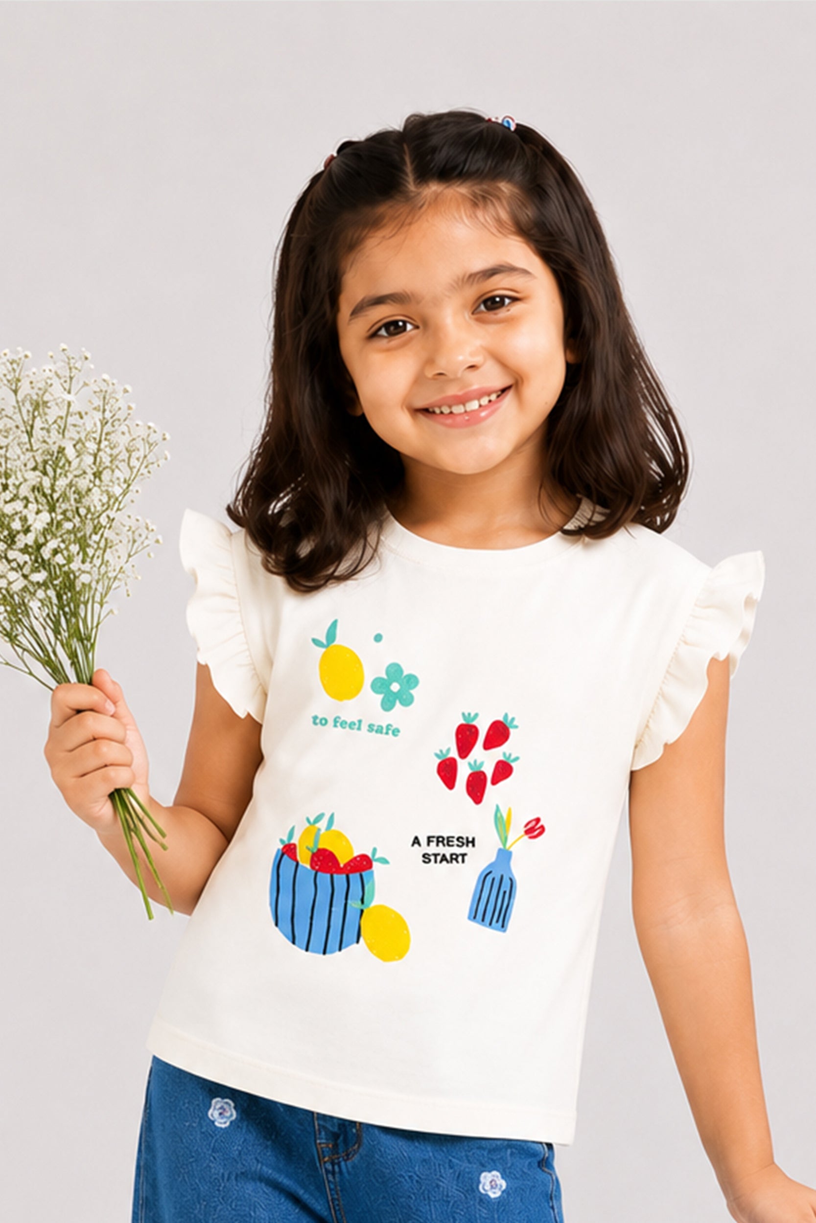 Girls Fresh Start Ruffle Sleeve Graphic T-Shirt | Giggles Crew Kids Clothing Pakistan |