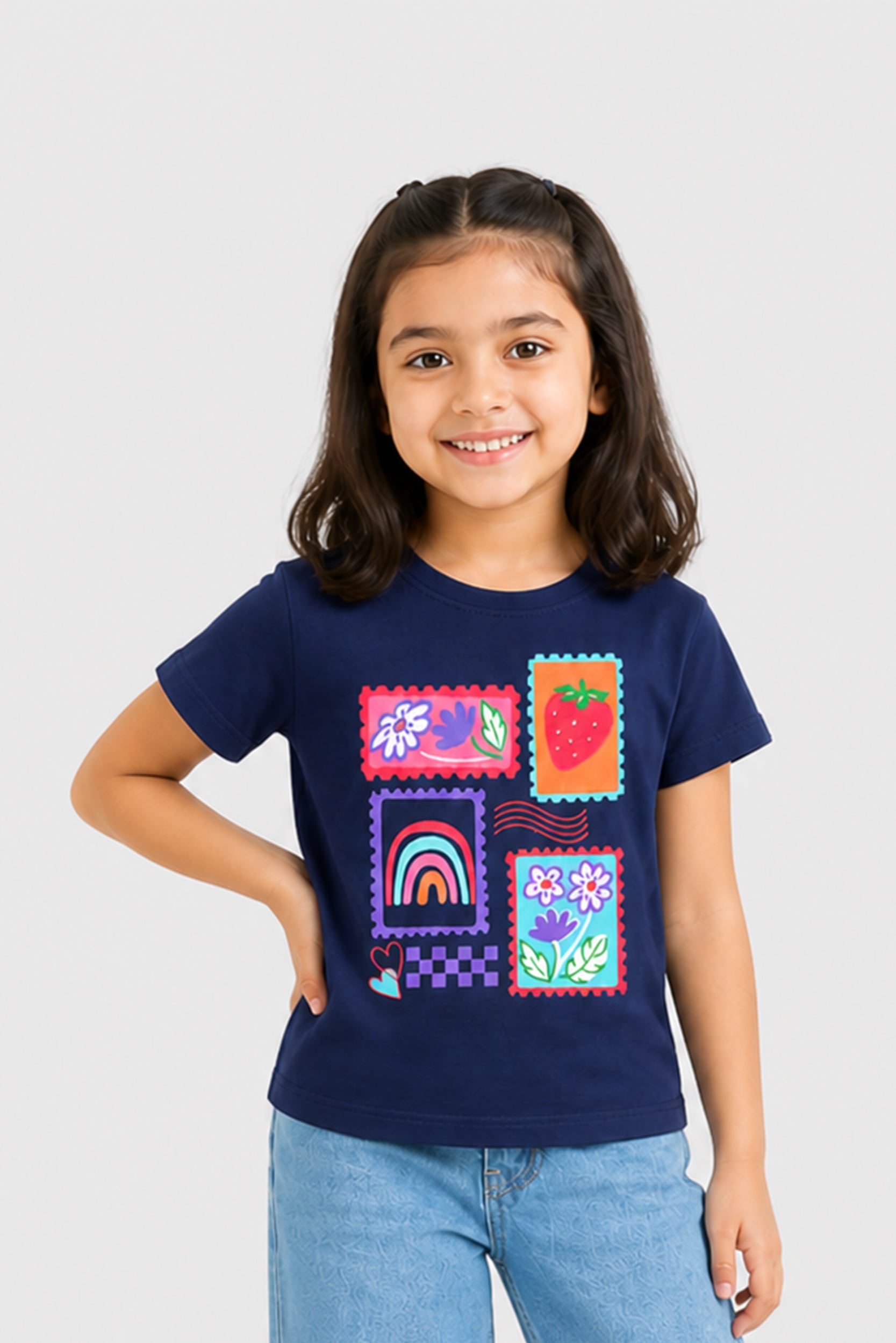 Girl Playful Stamp Art Navy Tee | Giggles Crew Kids Clothing Pakistan |