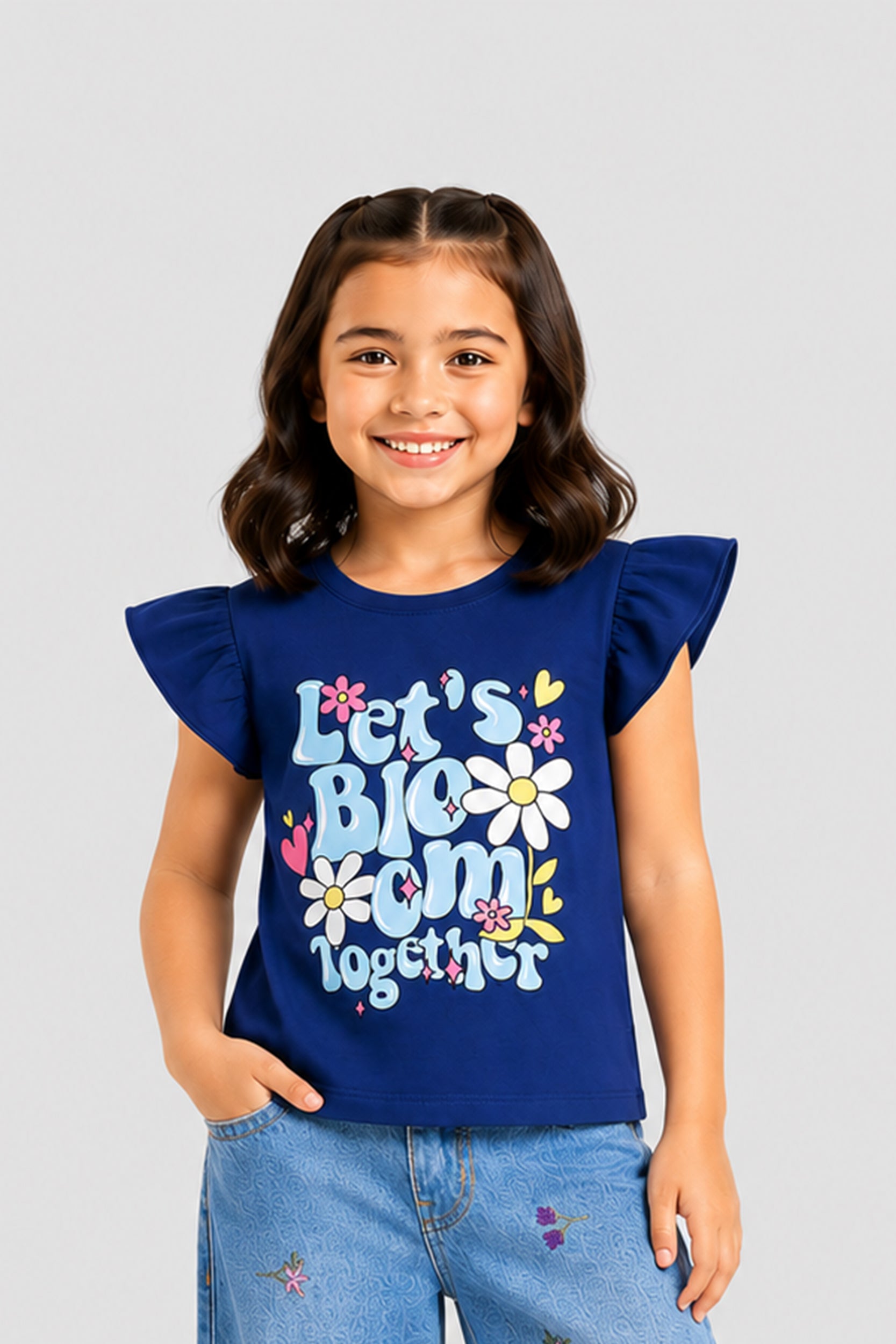 Girls Royal Blue Let’s Bloom Together Flutter Sleeve T-Shirt
