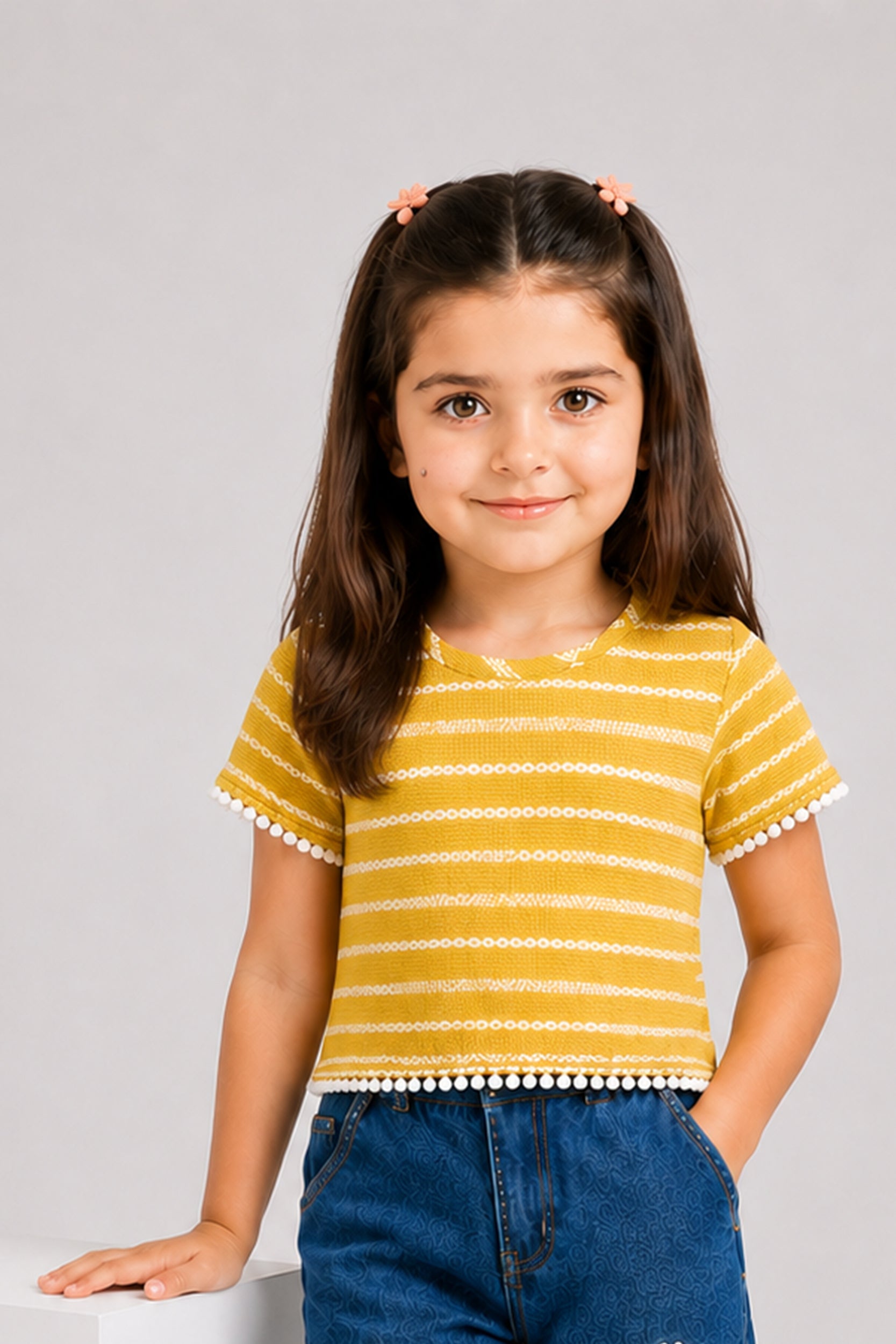 Yellow Striped Puff-Sleeve Shirt | Giggles Crew Kids Clothing Pakistan |