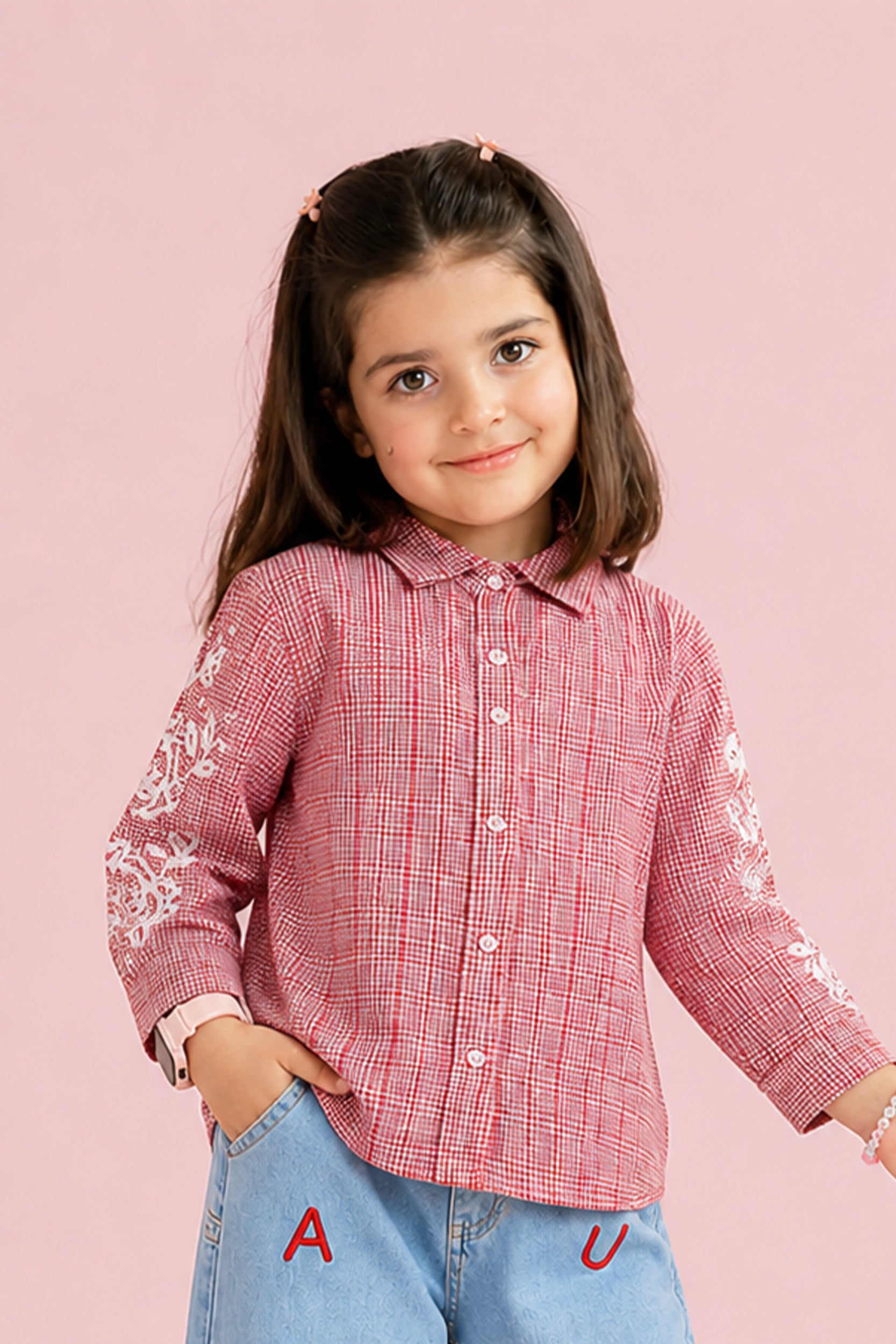 Red and White Gingham Embroidered Shirt