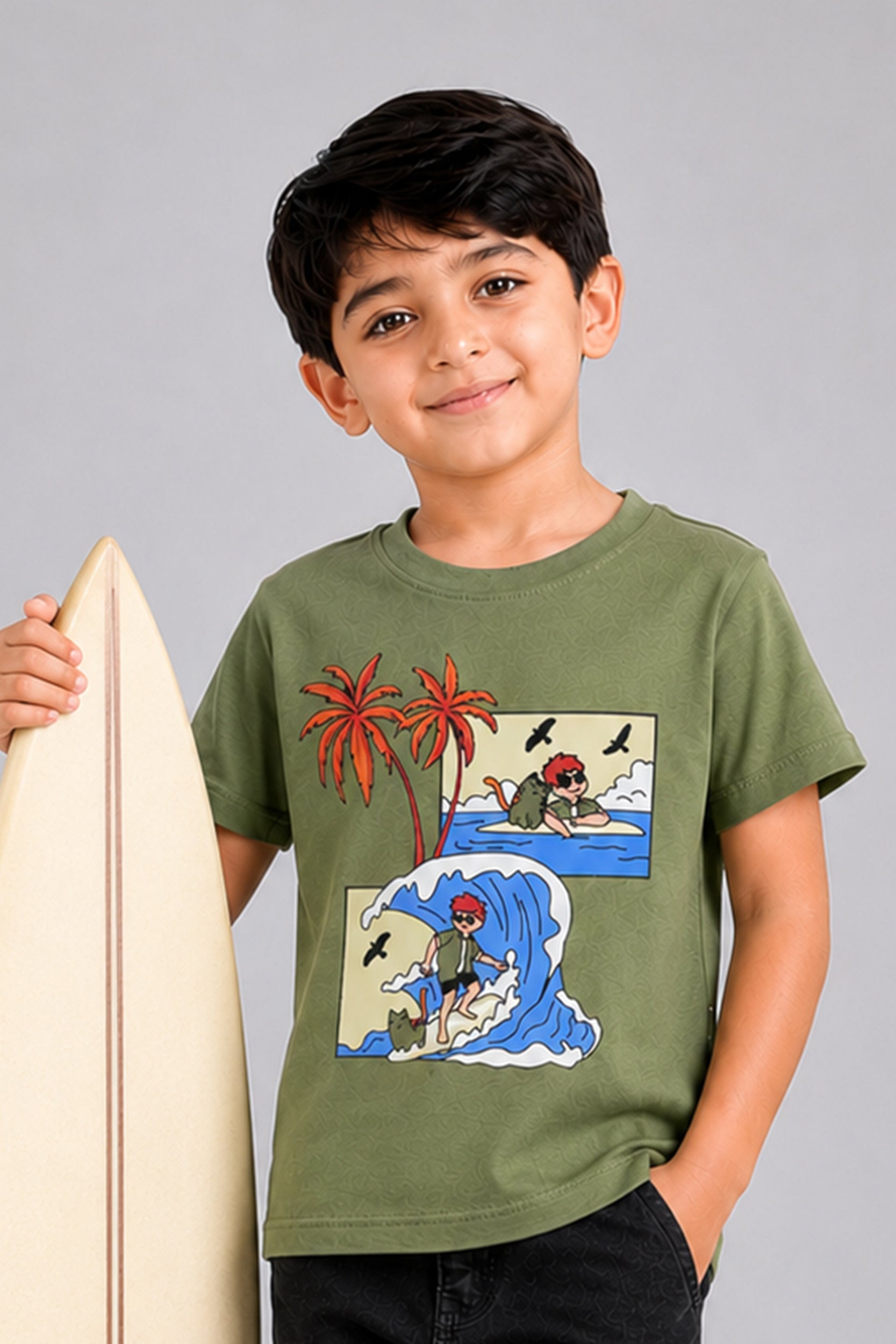 Boys Olive Green Surfing Cat T-Shirt | Giggles Crew Kids Clothing Pakistan |