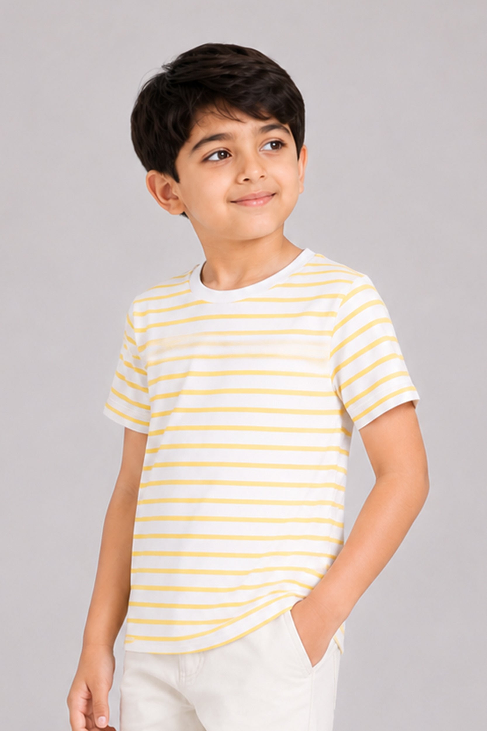 Boys Yellow and White Thin Stripes T-Shirt | Giggles Crew Kids Clothing Pakistan |