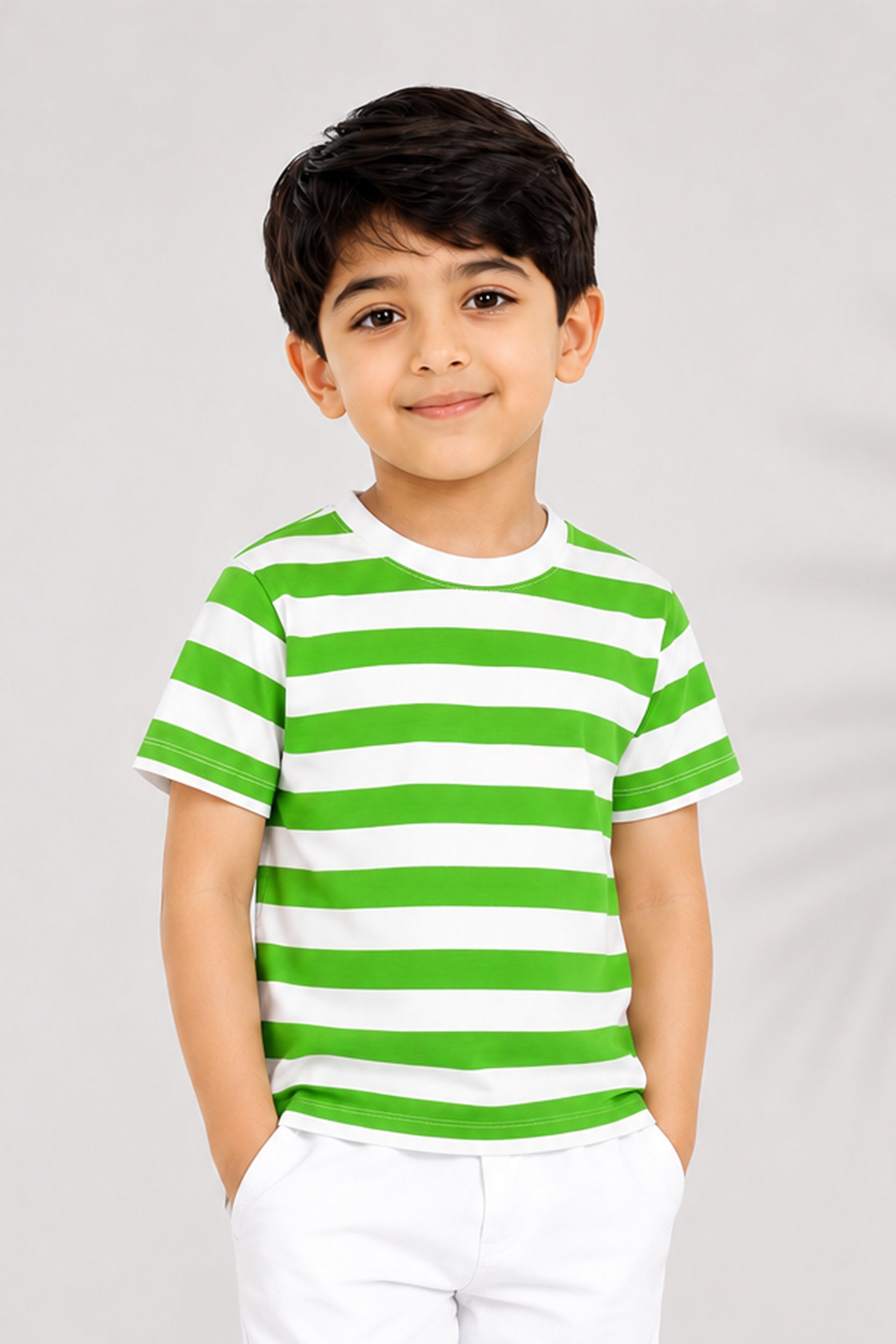 Boys Green and White Thick Stripes T-shirt | Giggles Crew Kids Clothing Pakistan |
