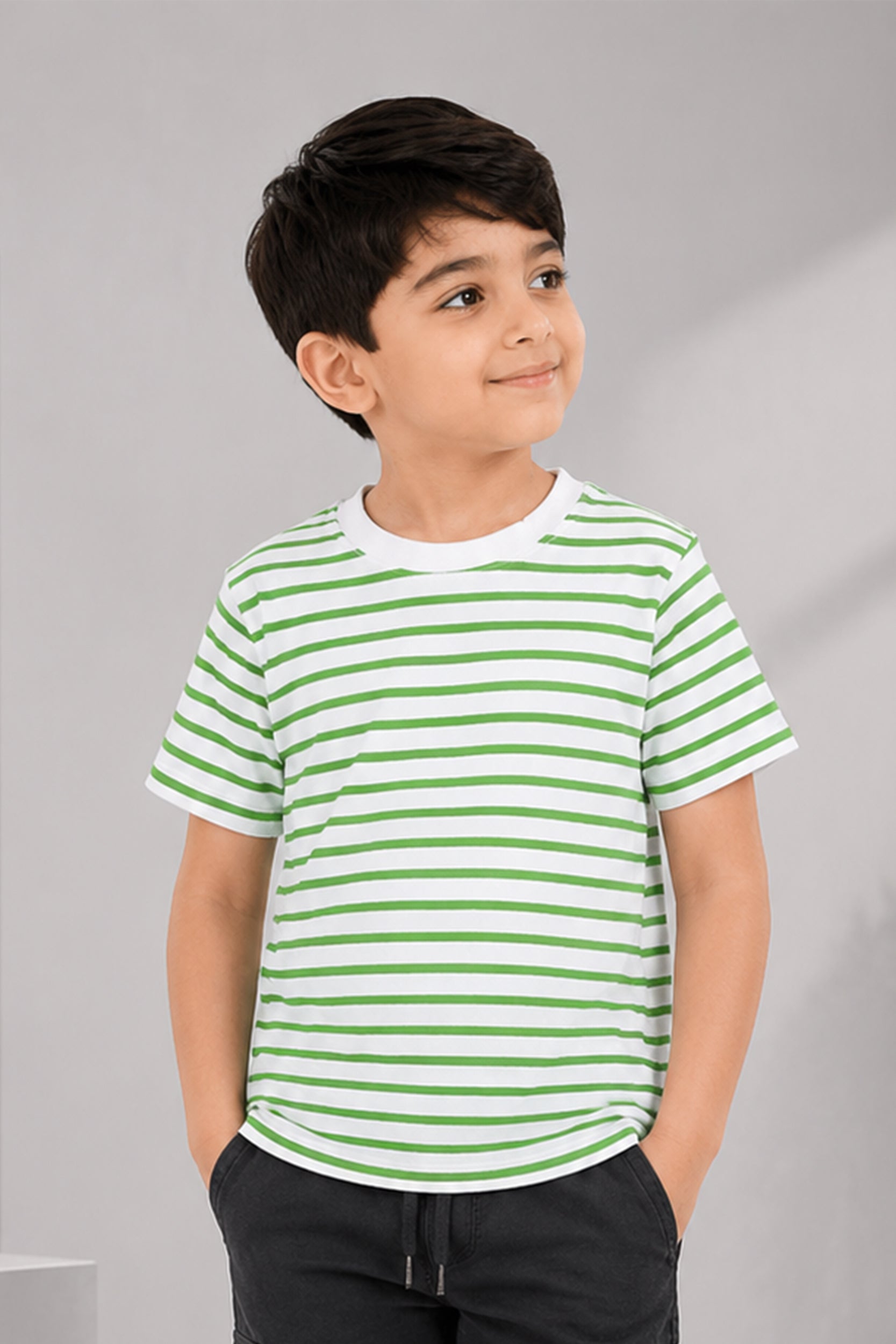 Boys Green and White Thin Stripes T-shirt | Giggles Crew Kids Clothing Pakistan |