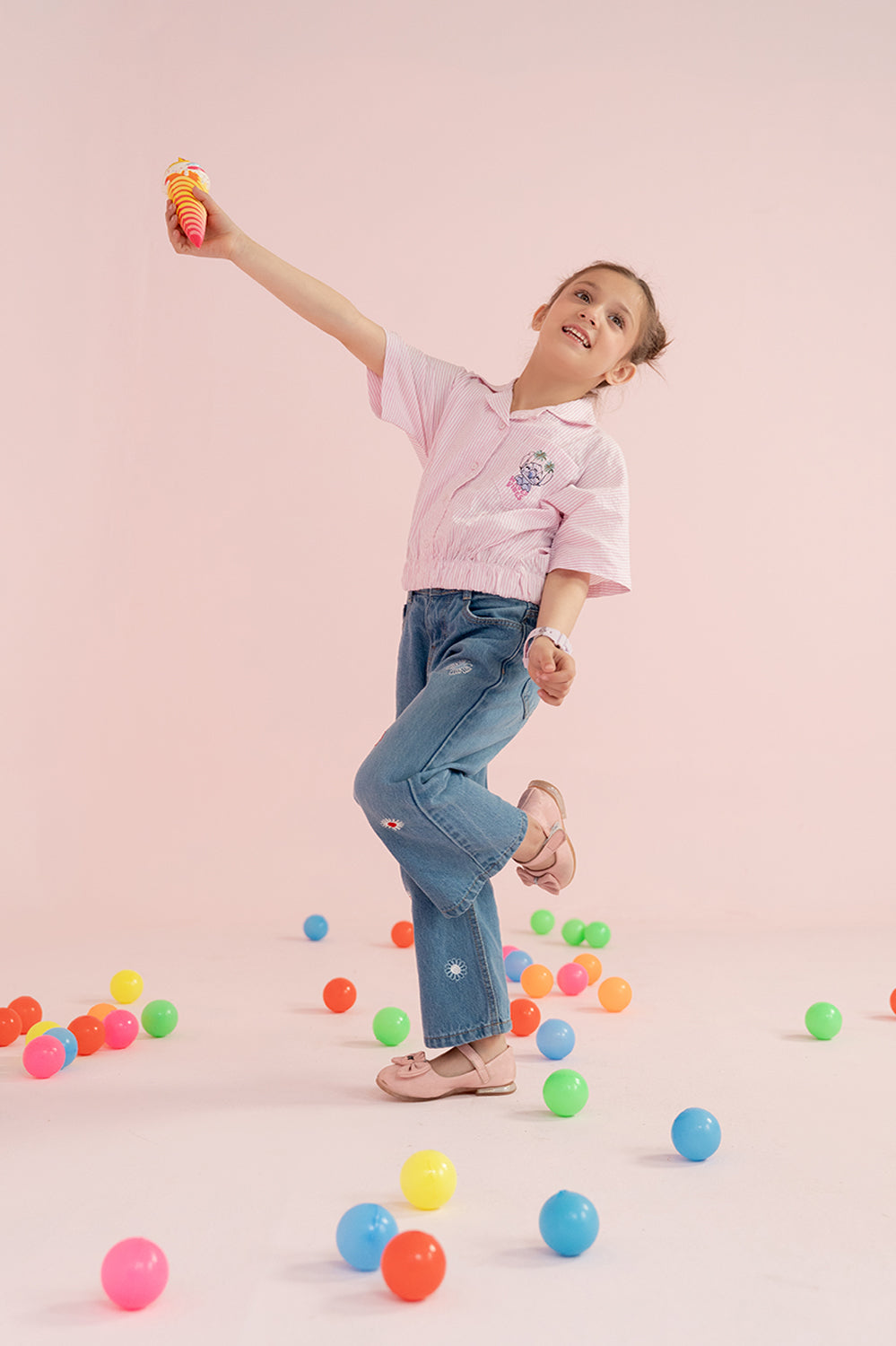 Girls Pink Striped Stitch Cropped Shirt