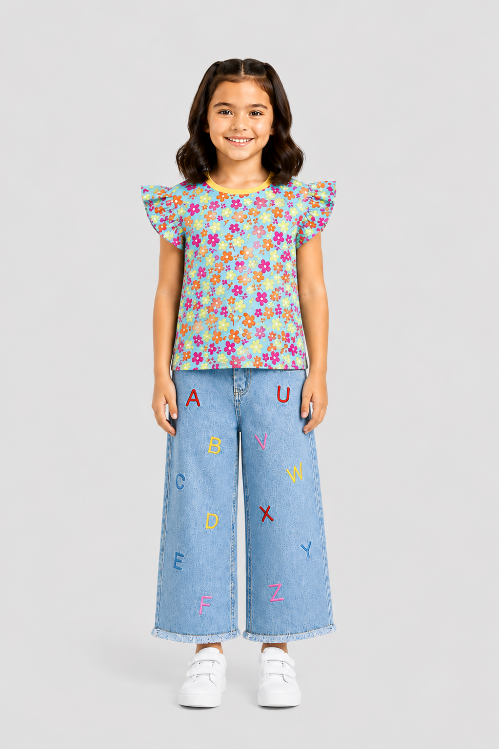 Girls Sky Blue Base and colourful Sunflower T-Shirt