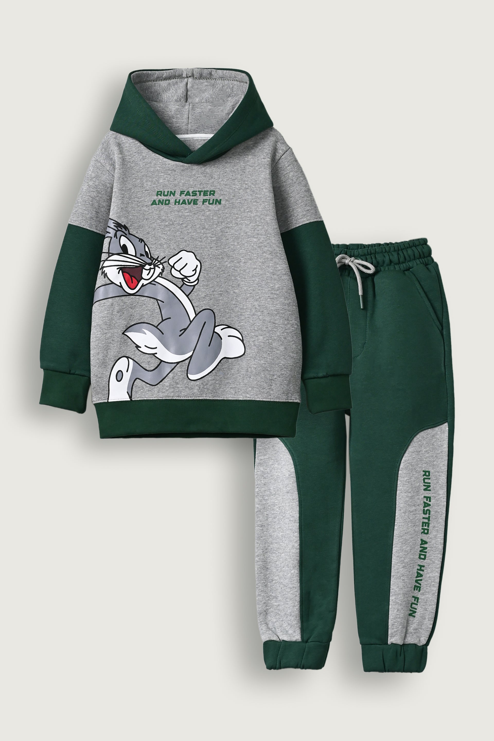 Boys grey and green bunny printed warm fleece hoodie suit