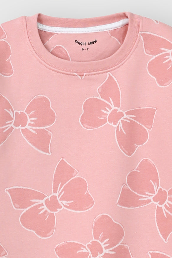 Girls dusty pink bow rotary Fleece suit