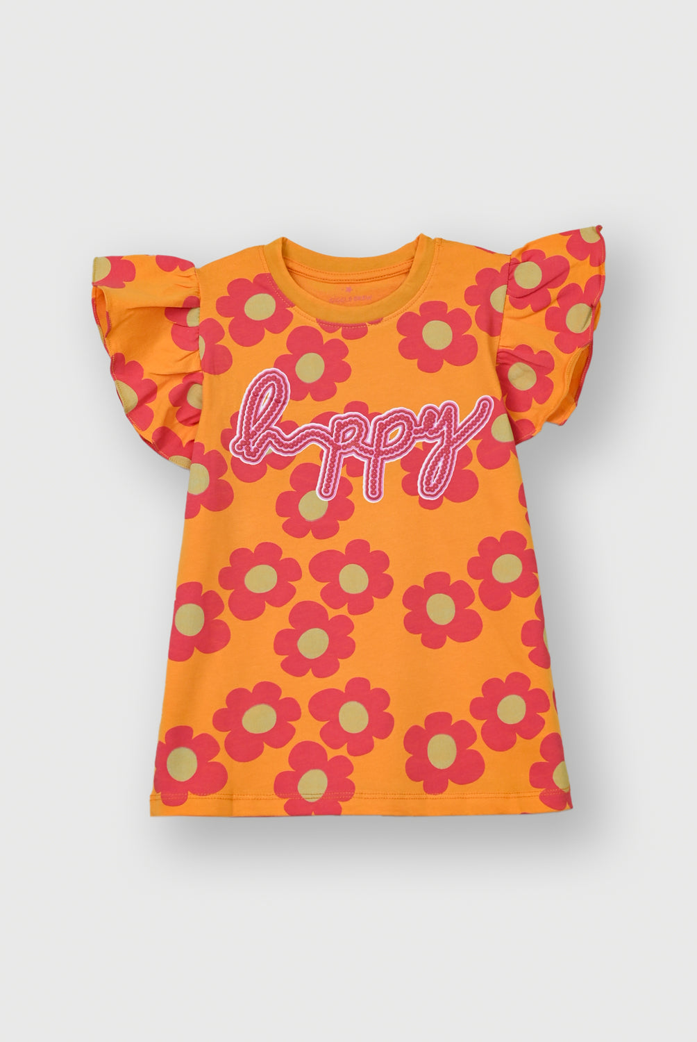 Girls Orange base Happy Floral Flutter Sleeve T-Shirt | Giggles Crew Kids Clothing Pakistan |