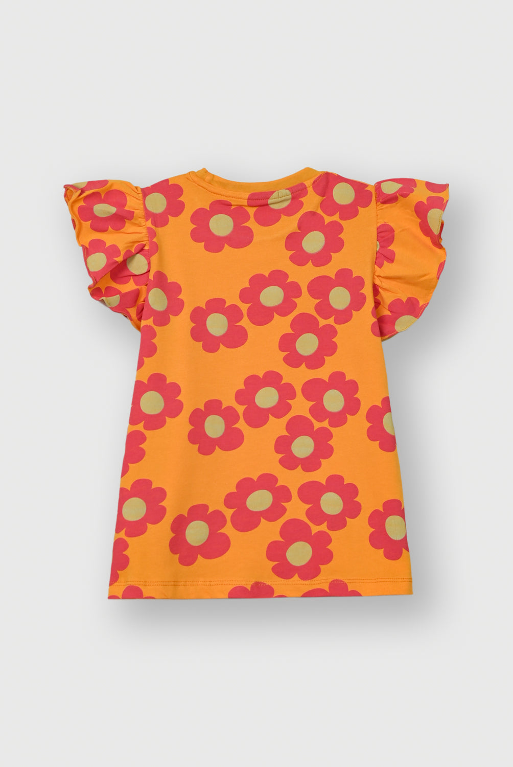Girls Orange base Happy Floral Flutter Sleeve T-Shirt | Giggles Crew Kids Clothing Pakistan |