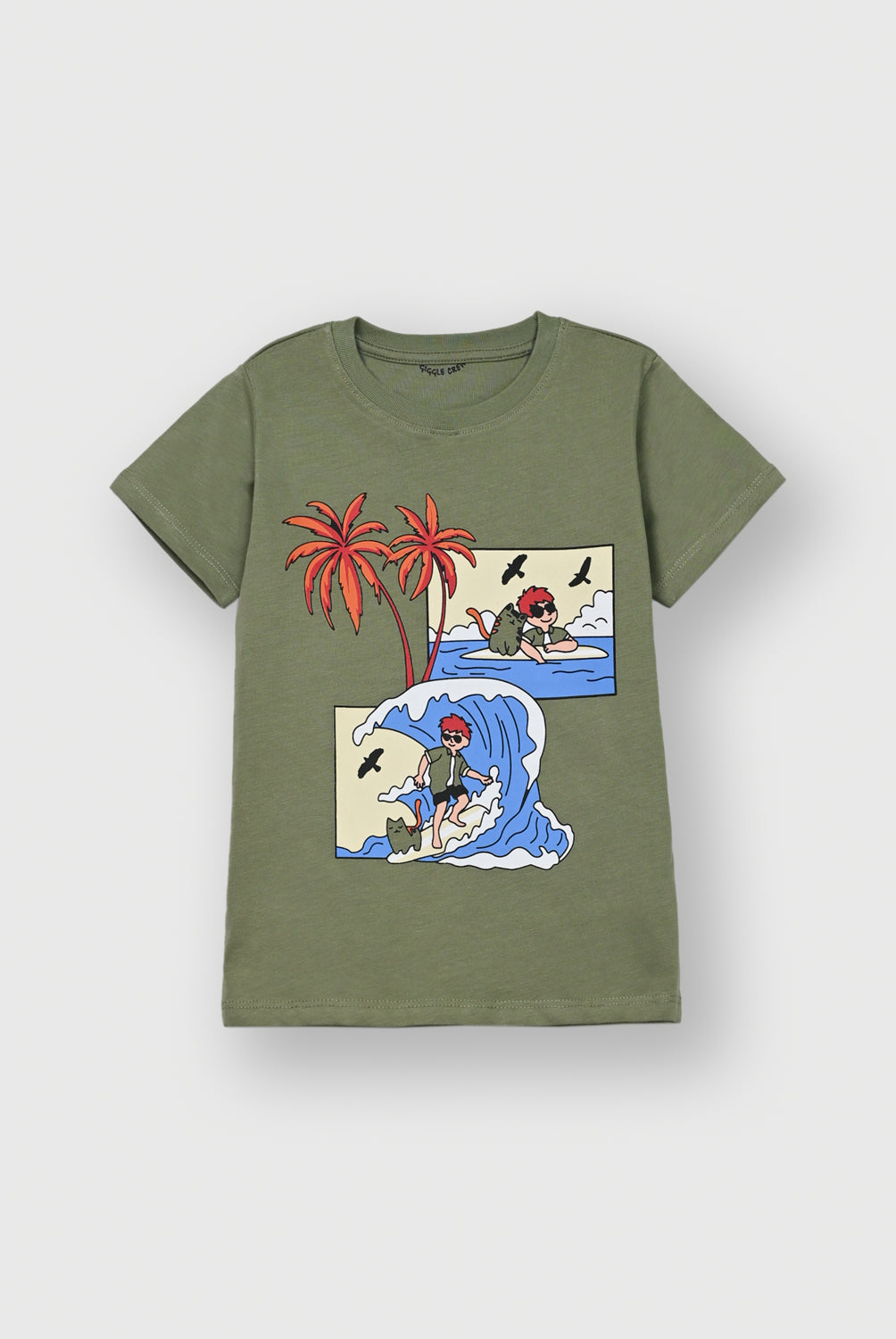 Boys Olive Green Surfing Cat T-Shirt | Giggles Crew Kids Clothing Pakistan |