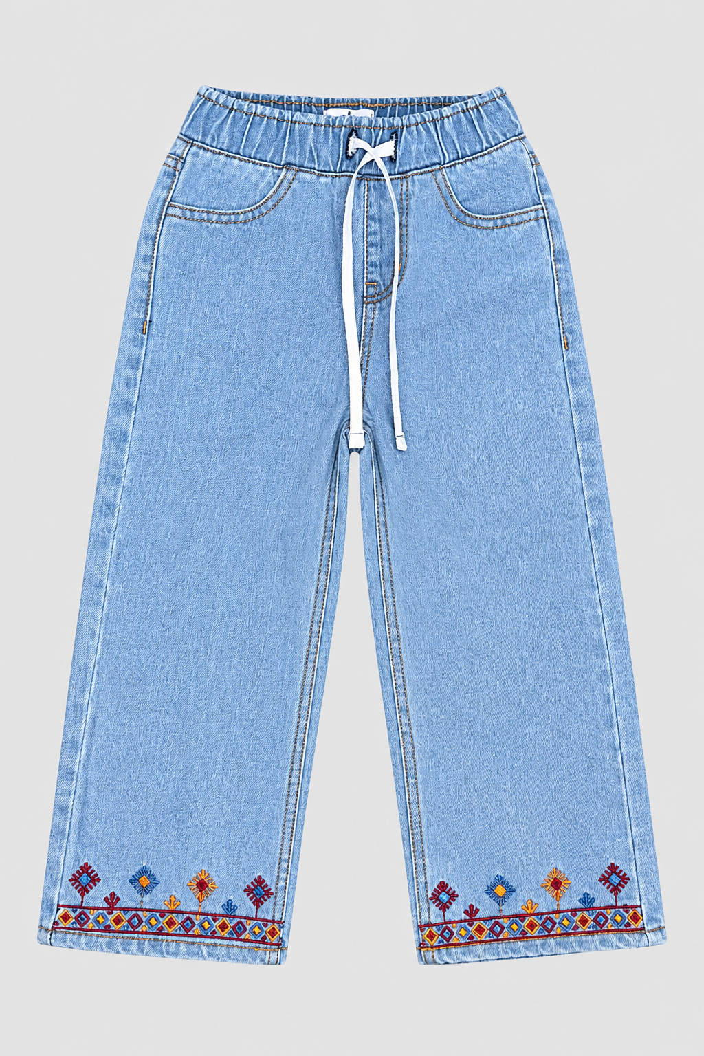 Girls Light Embroidered Wide-Leg Denim Jeans