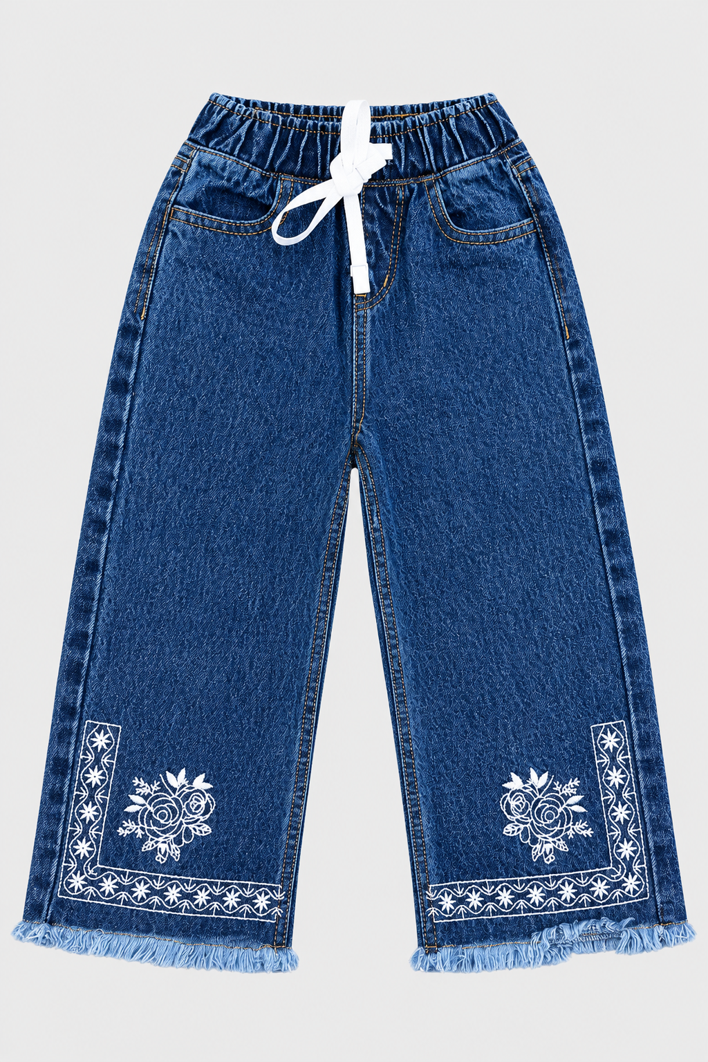 Girls Embroidered Hem Wide-Leg Denim Jeans