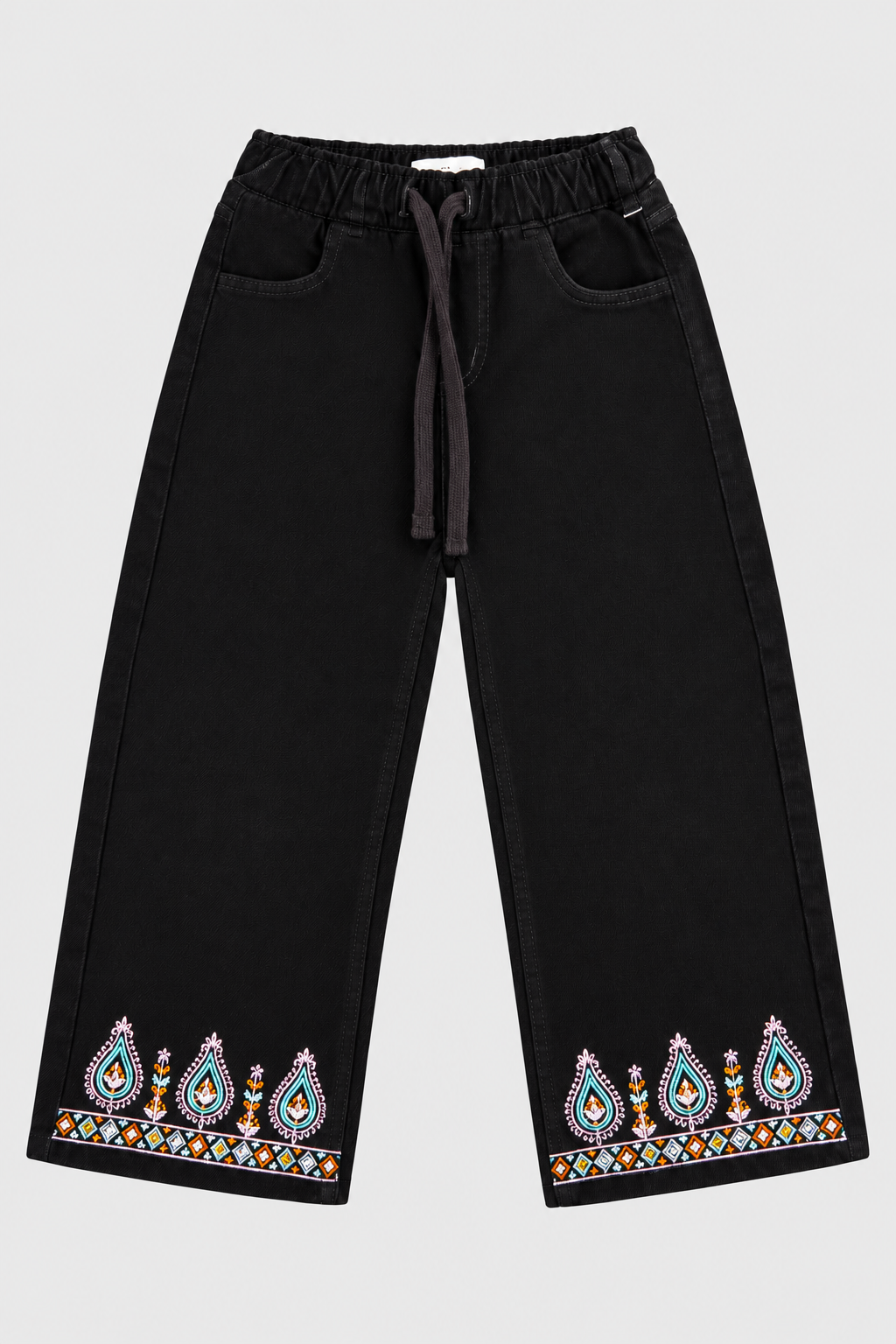 Girls White Flower Embroidered Wide-Leg Denim Jeans