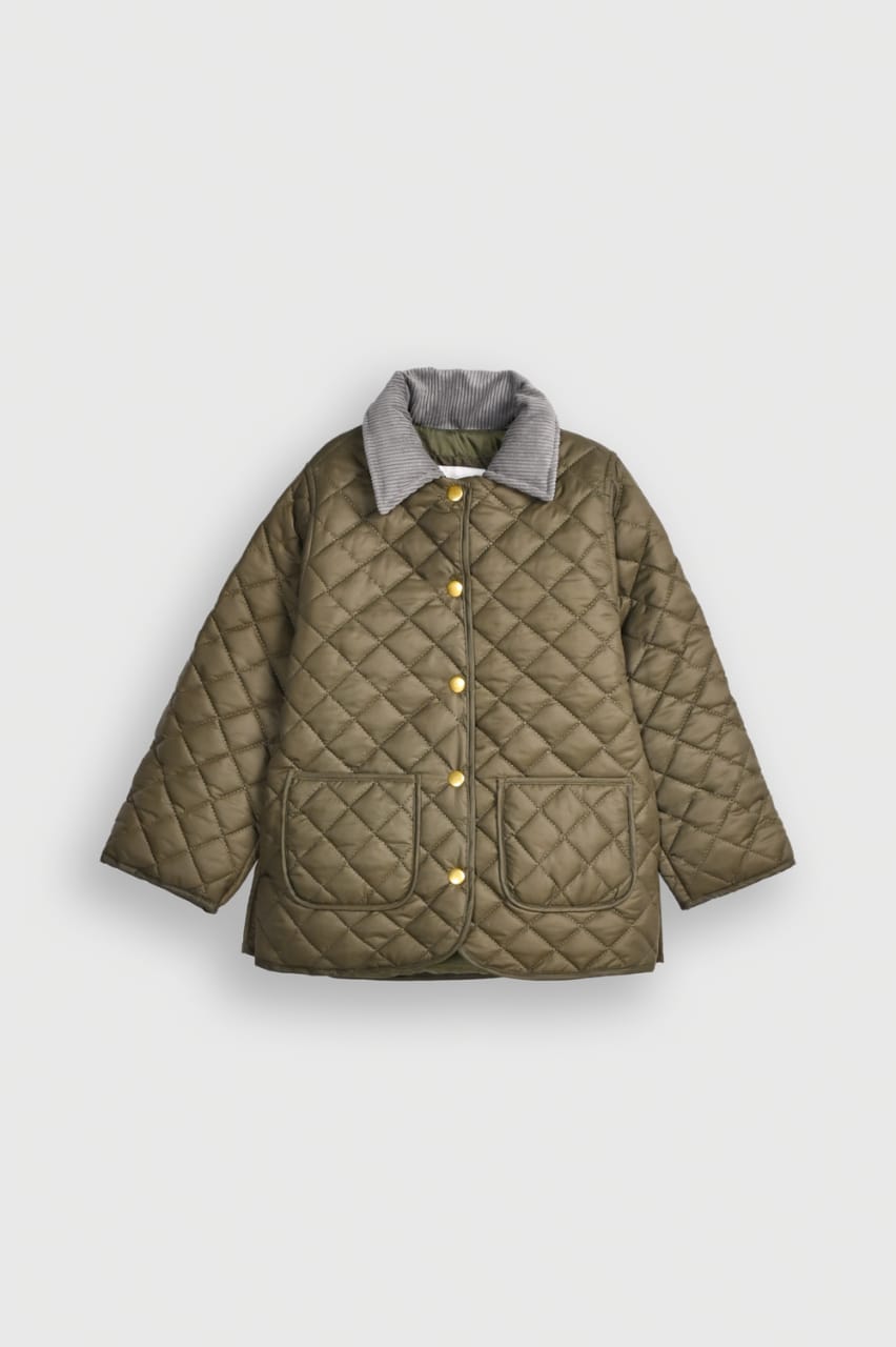 Classic Olive Green Quilted Jacket with Corduroy Collar and Gold Snaps.