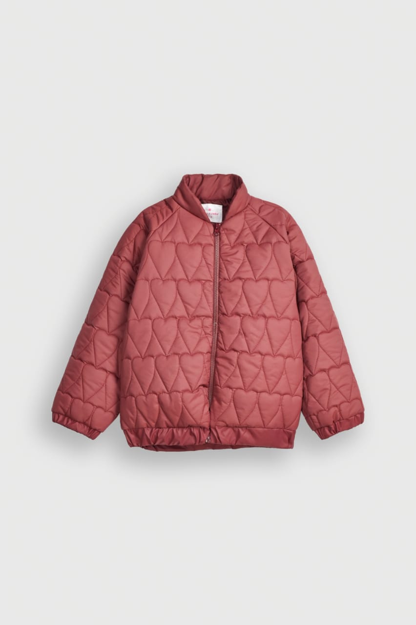 Adorable Deep Red Quilted Jacket Featuring a Full Heart Design