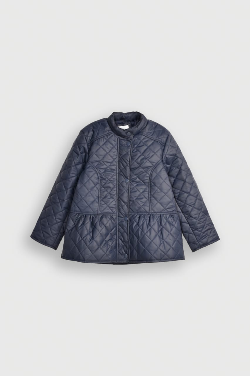 Navy Diamond Quilt Jacket with a Flattering Waist Frill