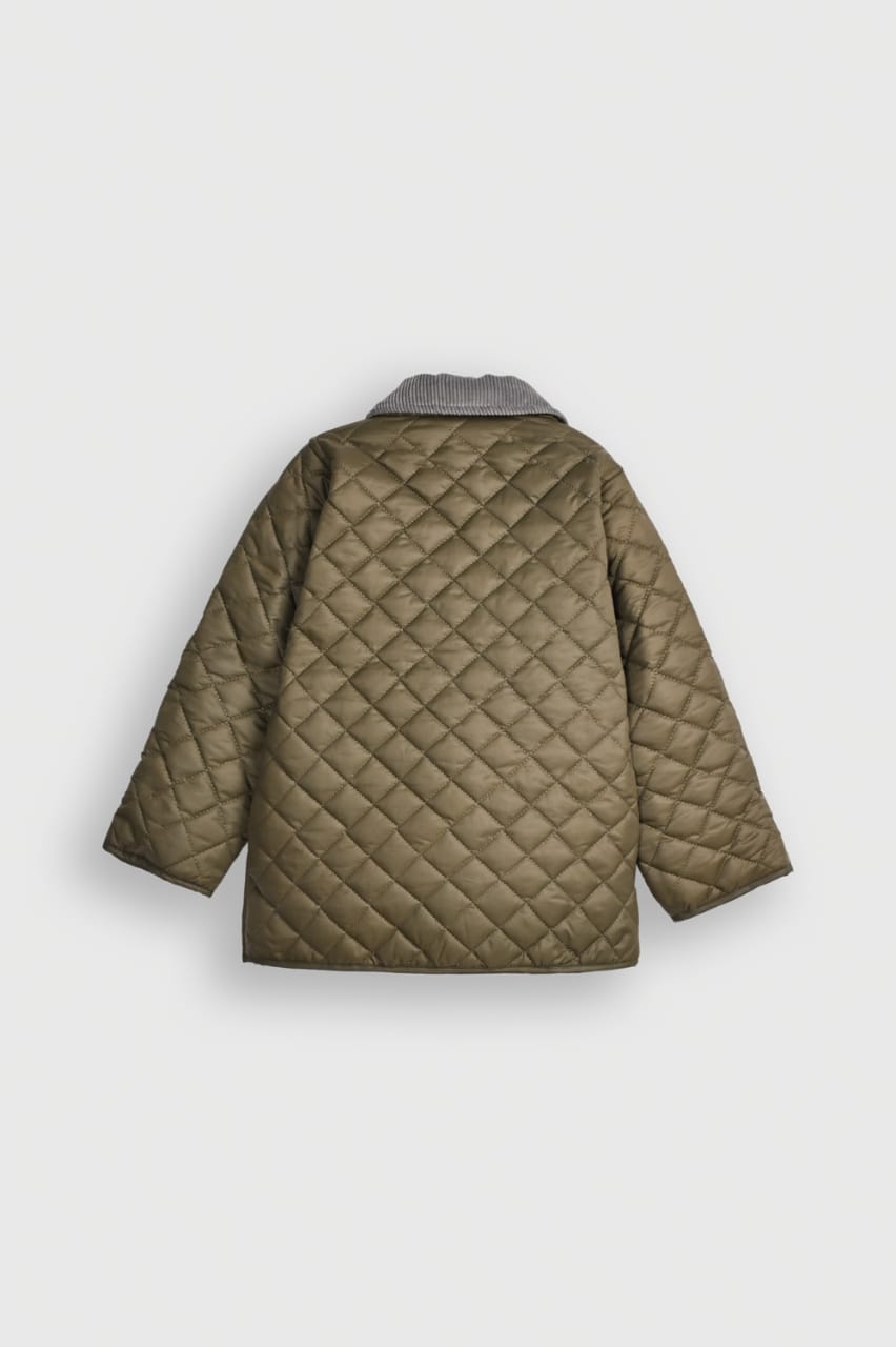 Classic Olive Green Quilted Jacket with Corduroy Collar and Gold Snaps.