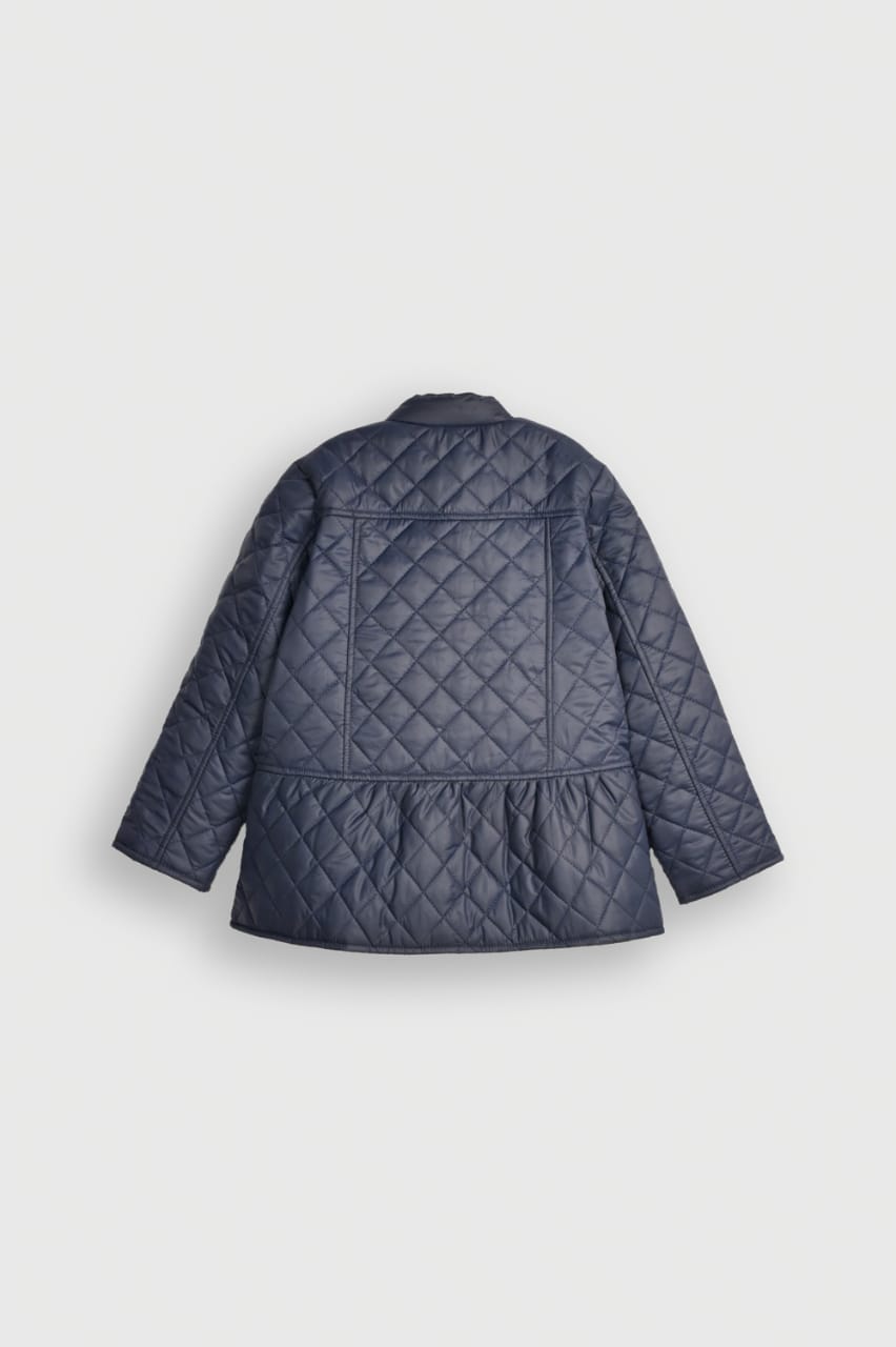 Navy Diamond Quilt Jacket with a Flattering Waist Frill