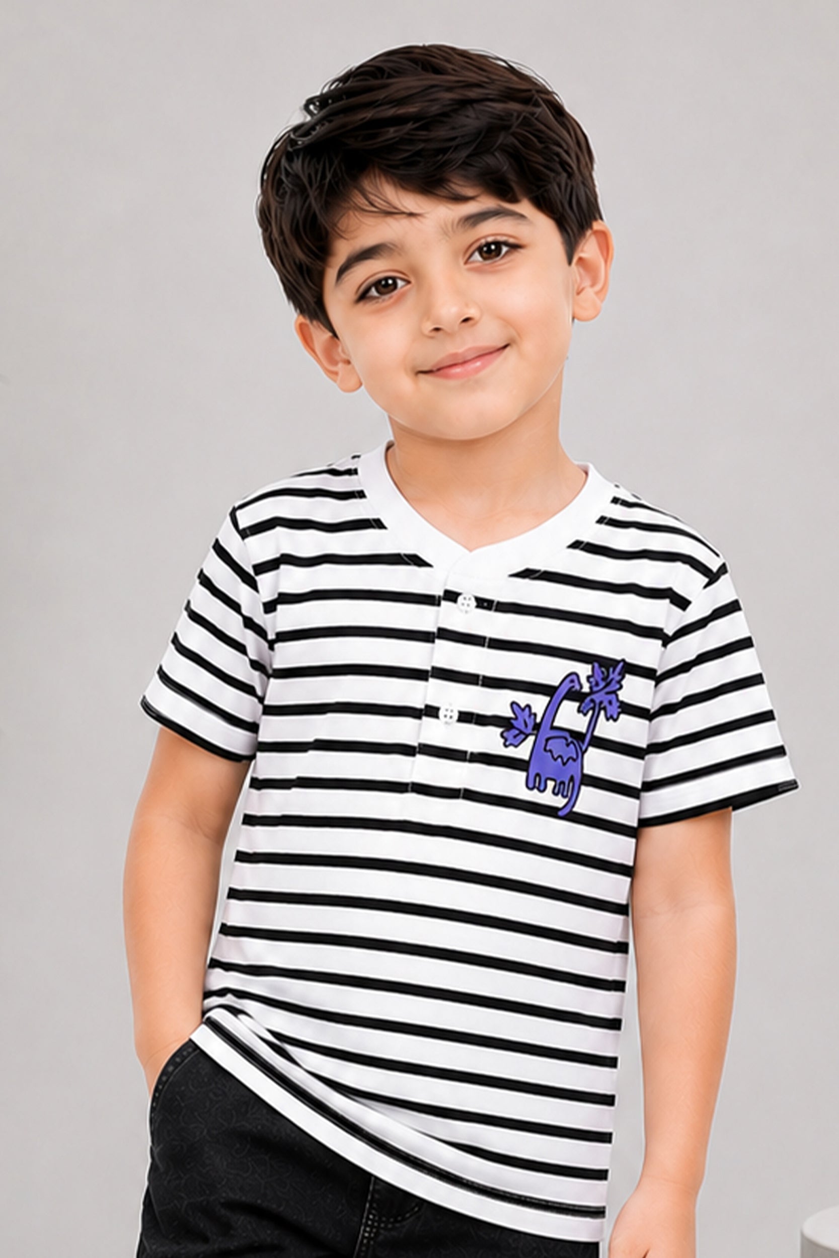 Boy's black striped Henley Shirt - Giggles Crew