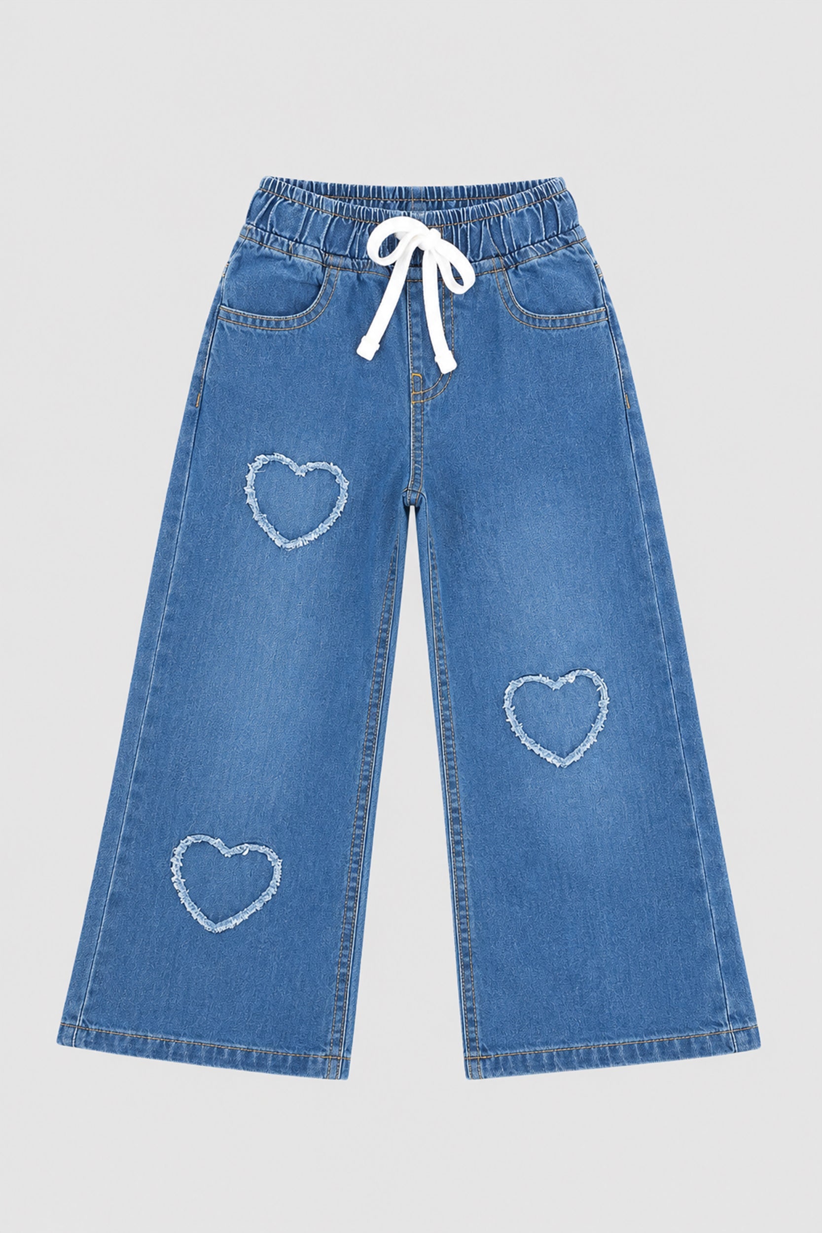 Girls Heart Patch Wide Leg Blue Denim Pants - Giggles Crew