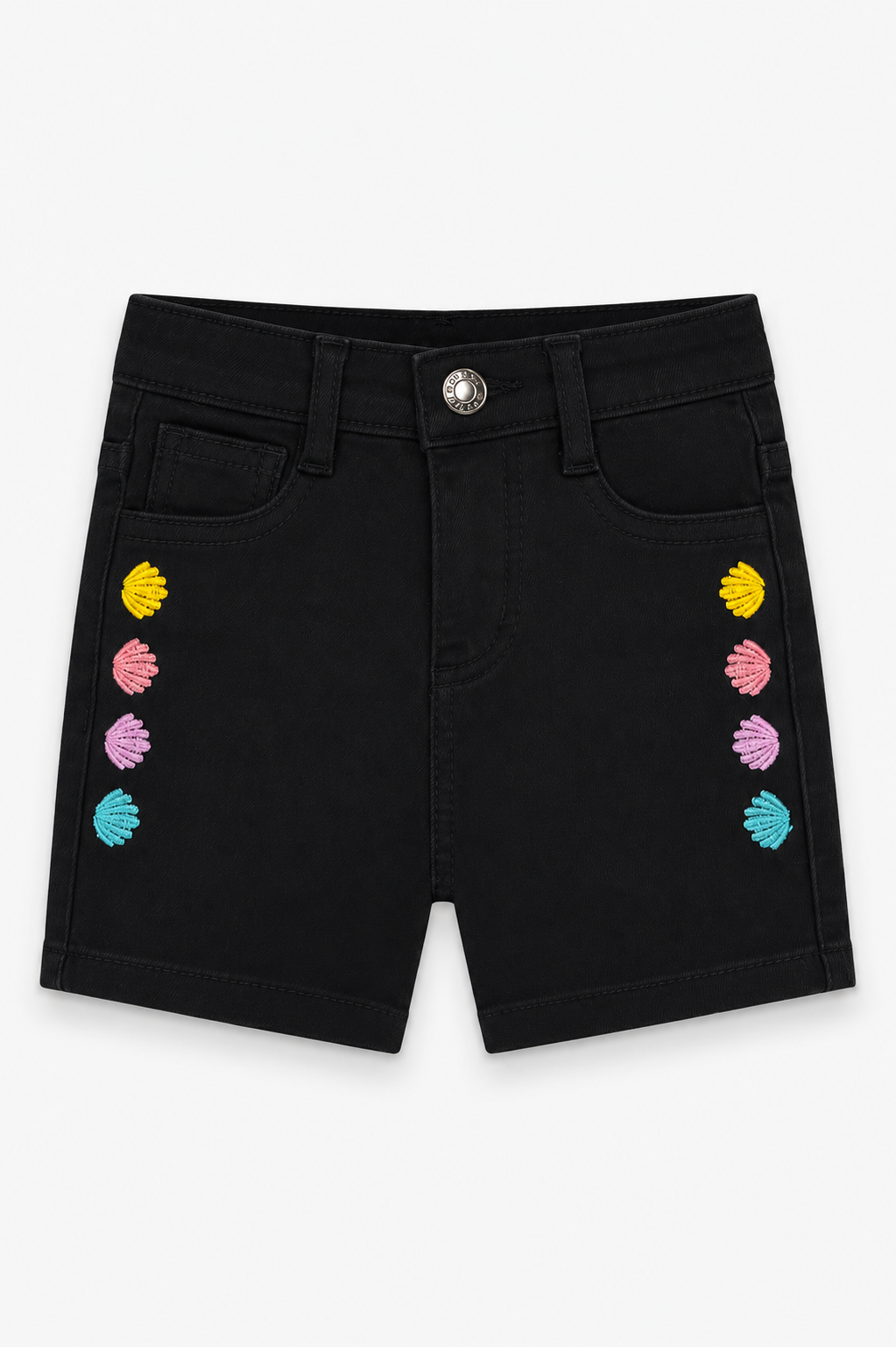Girls Black Pop Shell Embroidered Denim Shorts