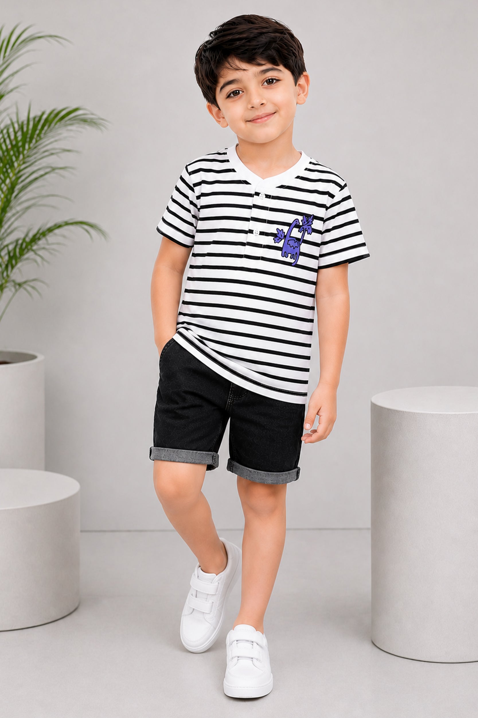 Boy's Dino Stripe Henley T-Shirt