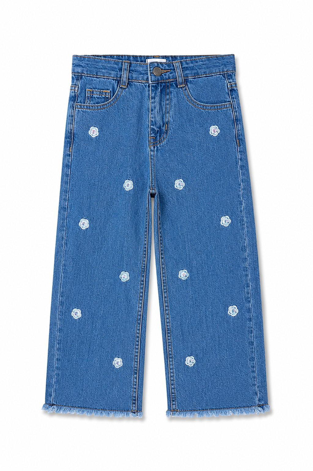 Girls Floral Embroidered Wide-Leg Denim Pants
