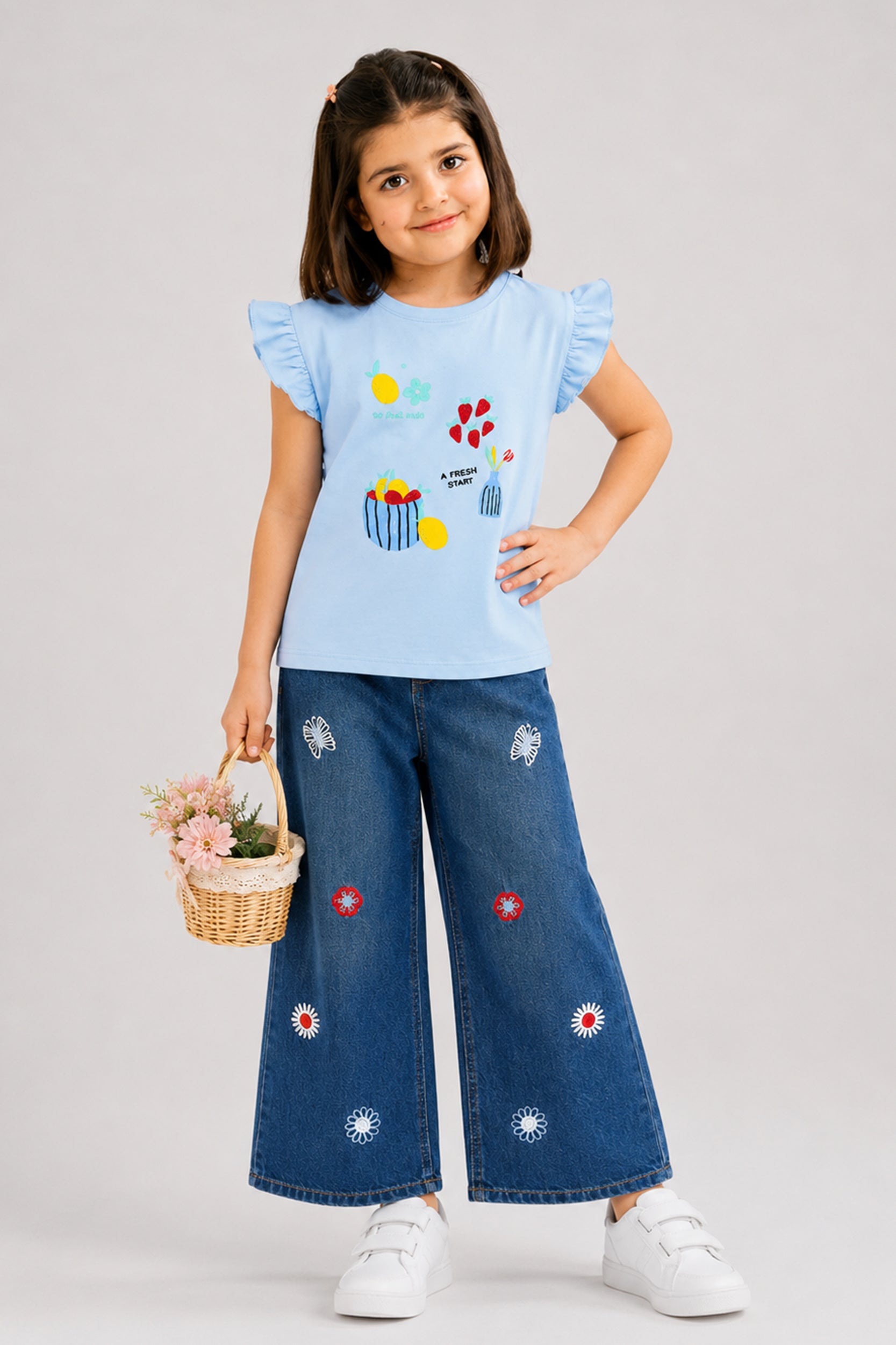 Girls Fresh Start Sky Blue Ruffle Sleeve Graphic T-Shirt