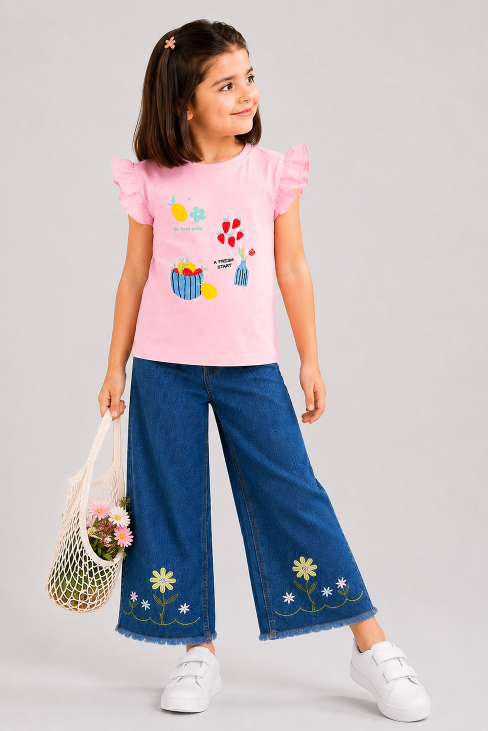 Girls Fresh Start Ruffle Sleeve Graphic T-Shirt – Pink