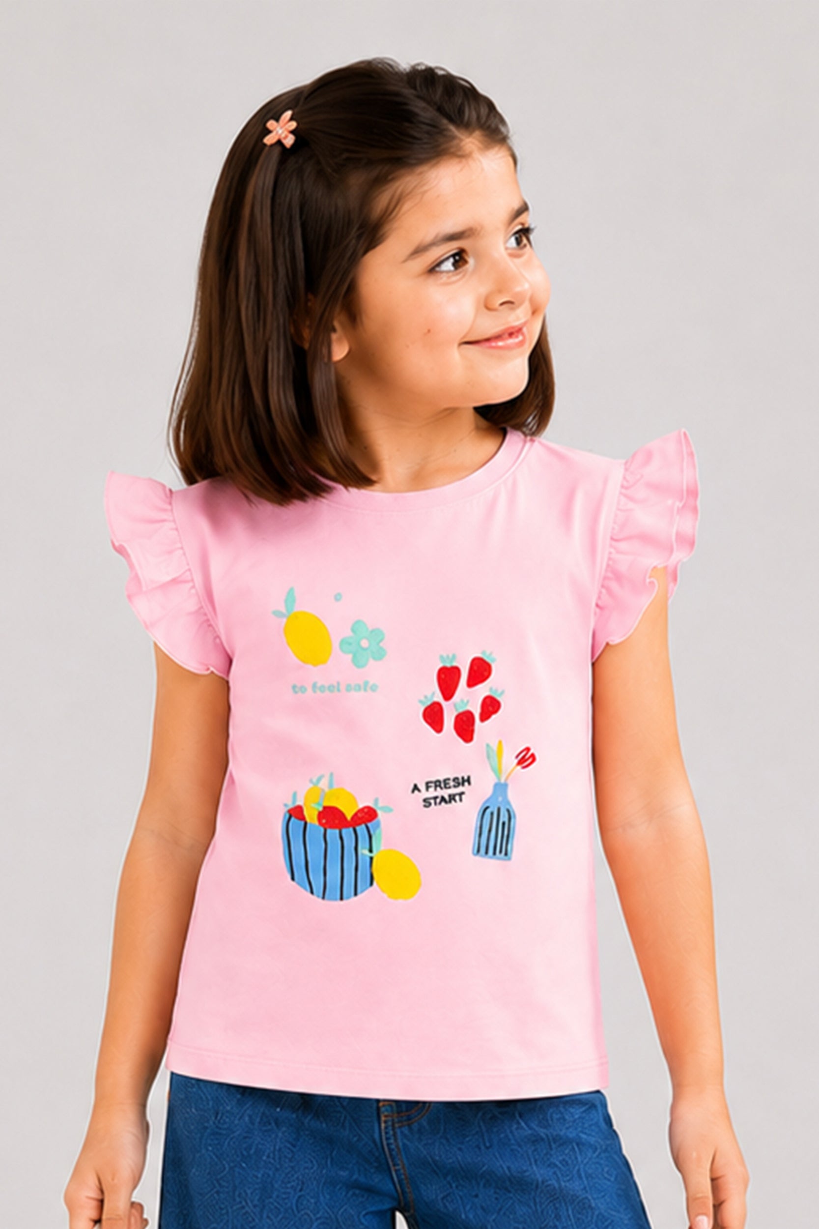 Girls pink Ruffle Sleeve  T-Shirt
