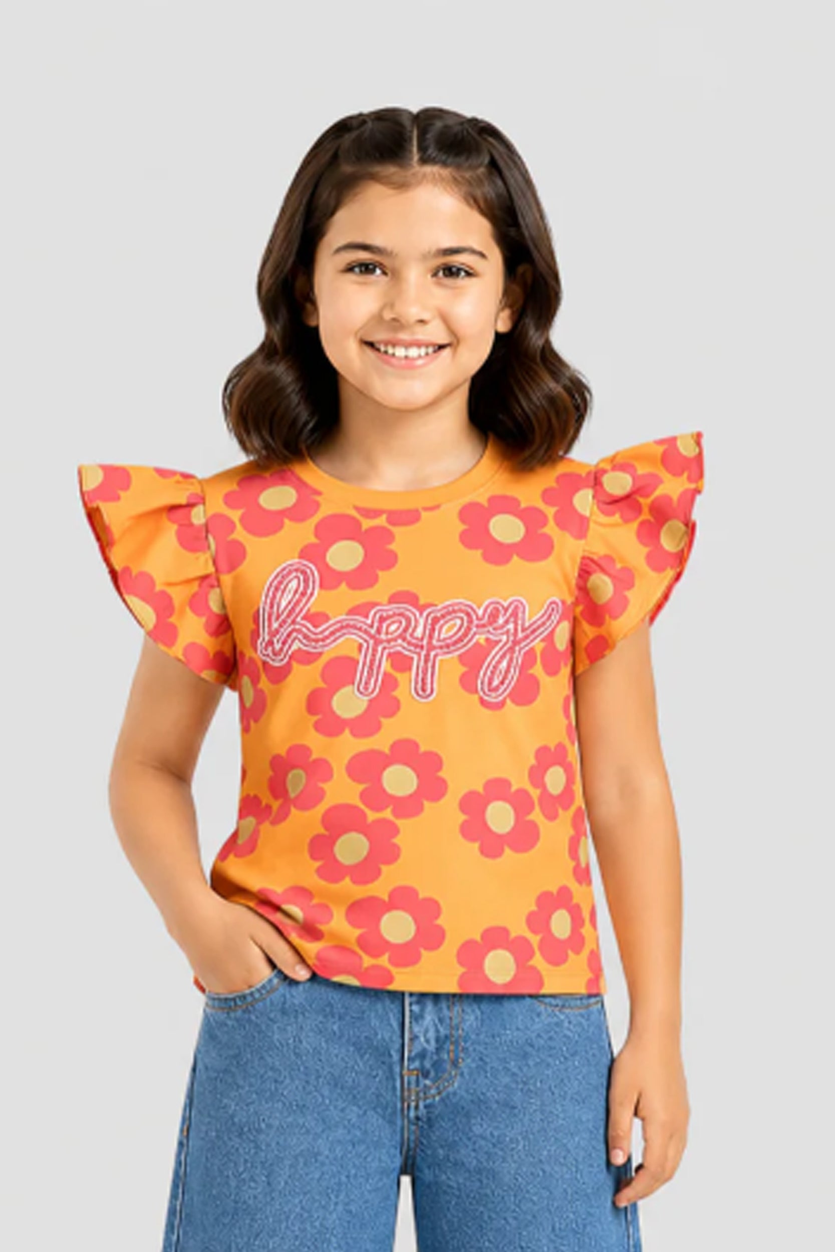 Girls Orange base Happy Floral Flutter Sleeve T-Shirt