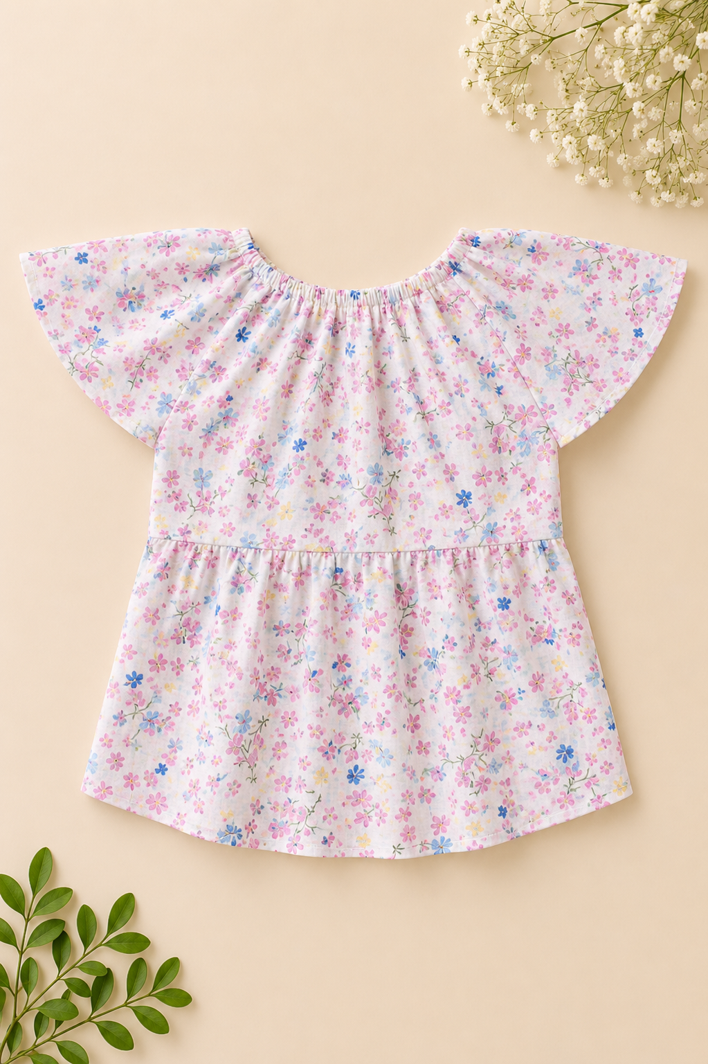 Girls Blossom Garden Printed Flutter Sleeve Frock