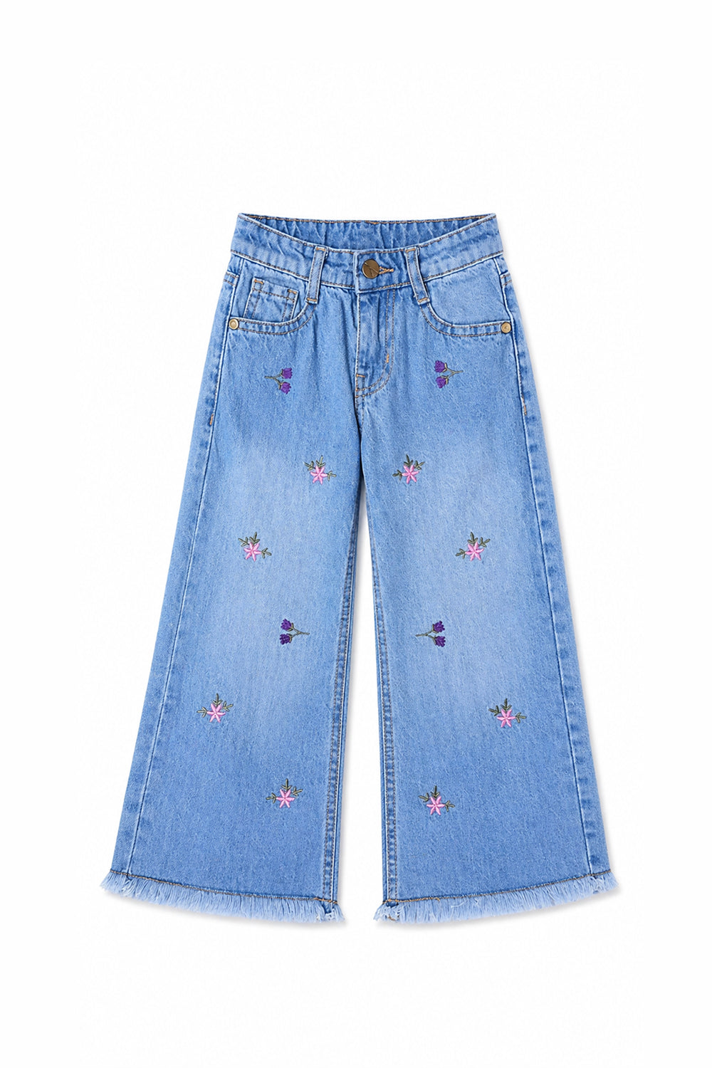 Girls Floral Embroidered Wide-Leg Denim Pants