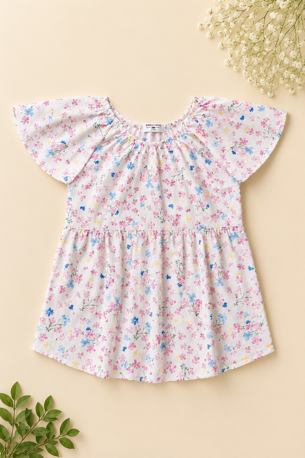 Girls Blossom Garden Printed Flutter Sleeve Frock