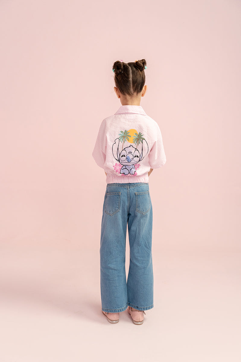 Girls Pink Striped Stitch Cropped Shirt