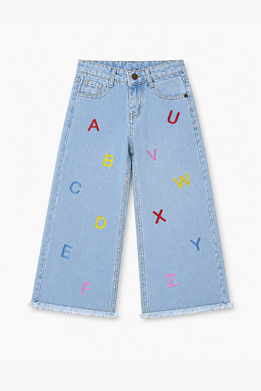 Girls Alphabet Embroidered Wide-Leg Denim Pants