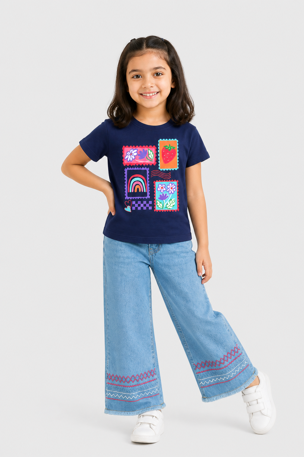 Girl Playful Stamp Art Navy Tee