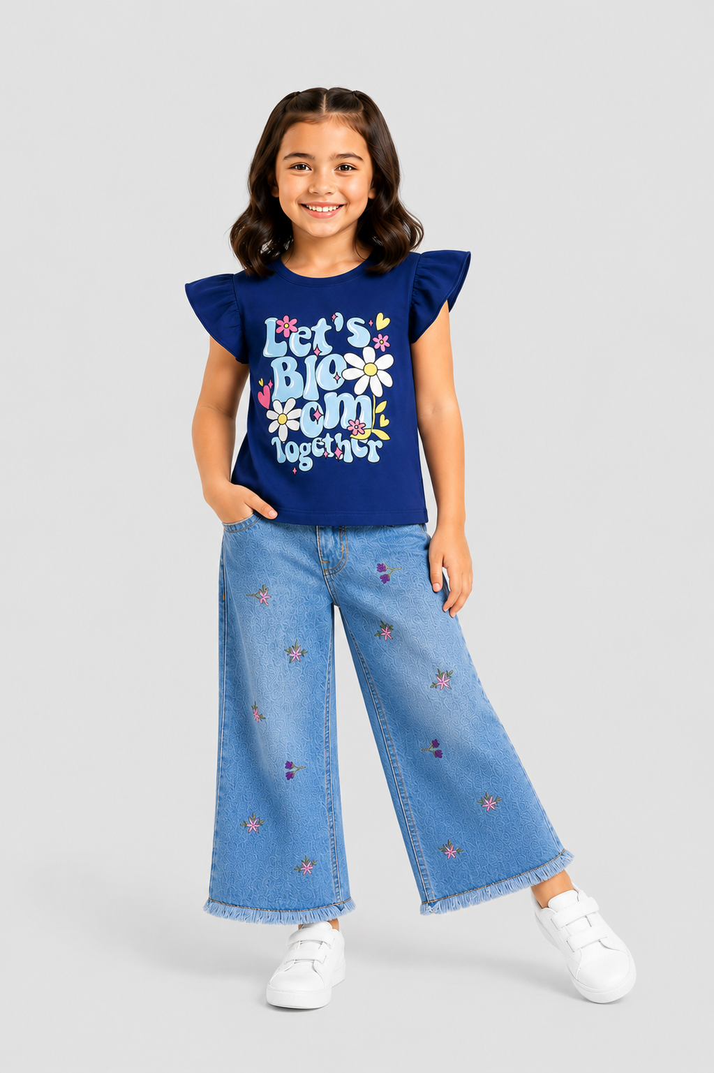 Girls Royal Blue Let’s Bloom Together Flutter Sleeve T-Shirt
