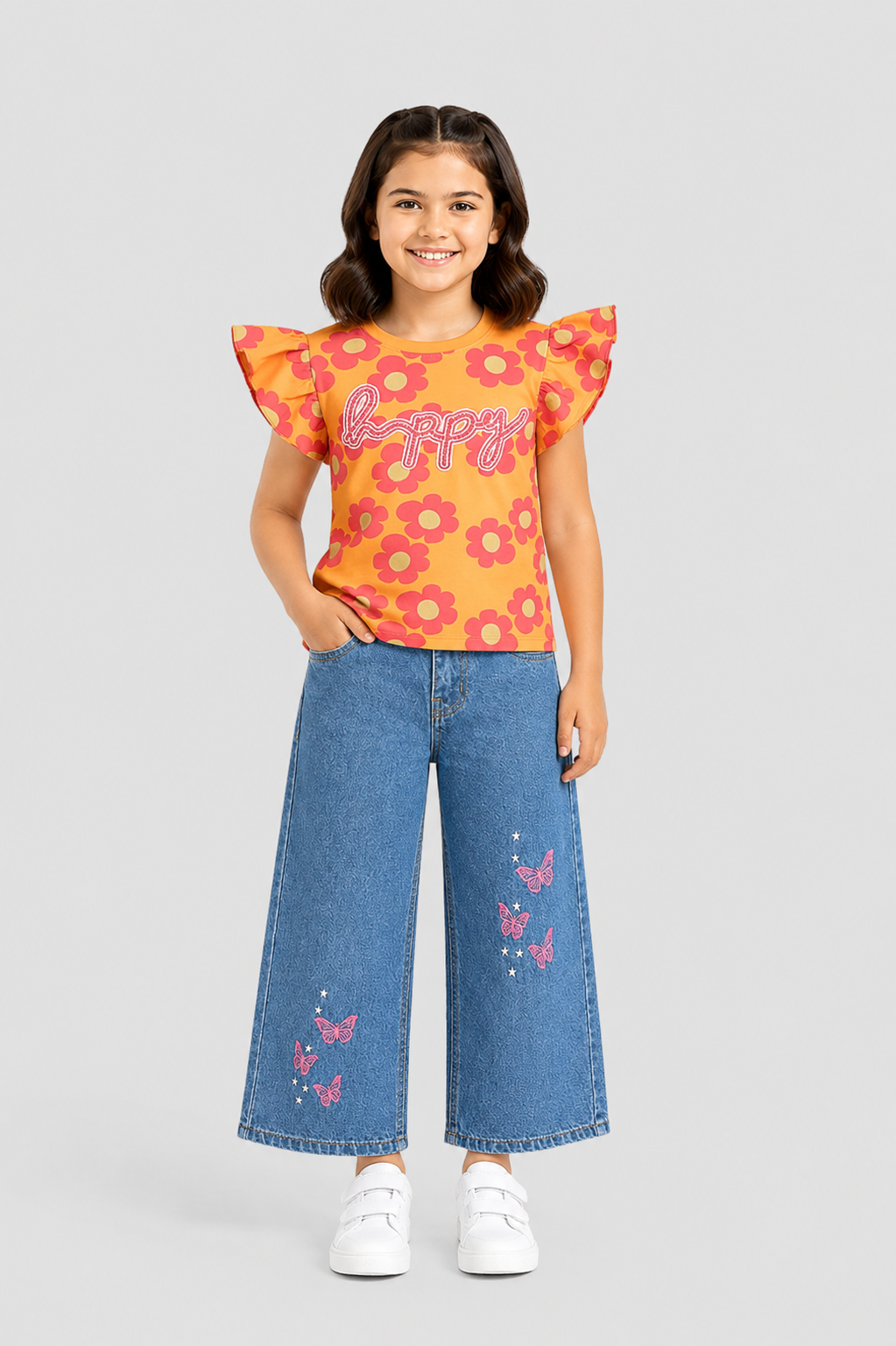Girls Orange base Happy Floral Flutter Sleeve T-Shirt