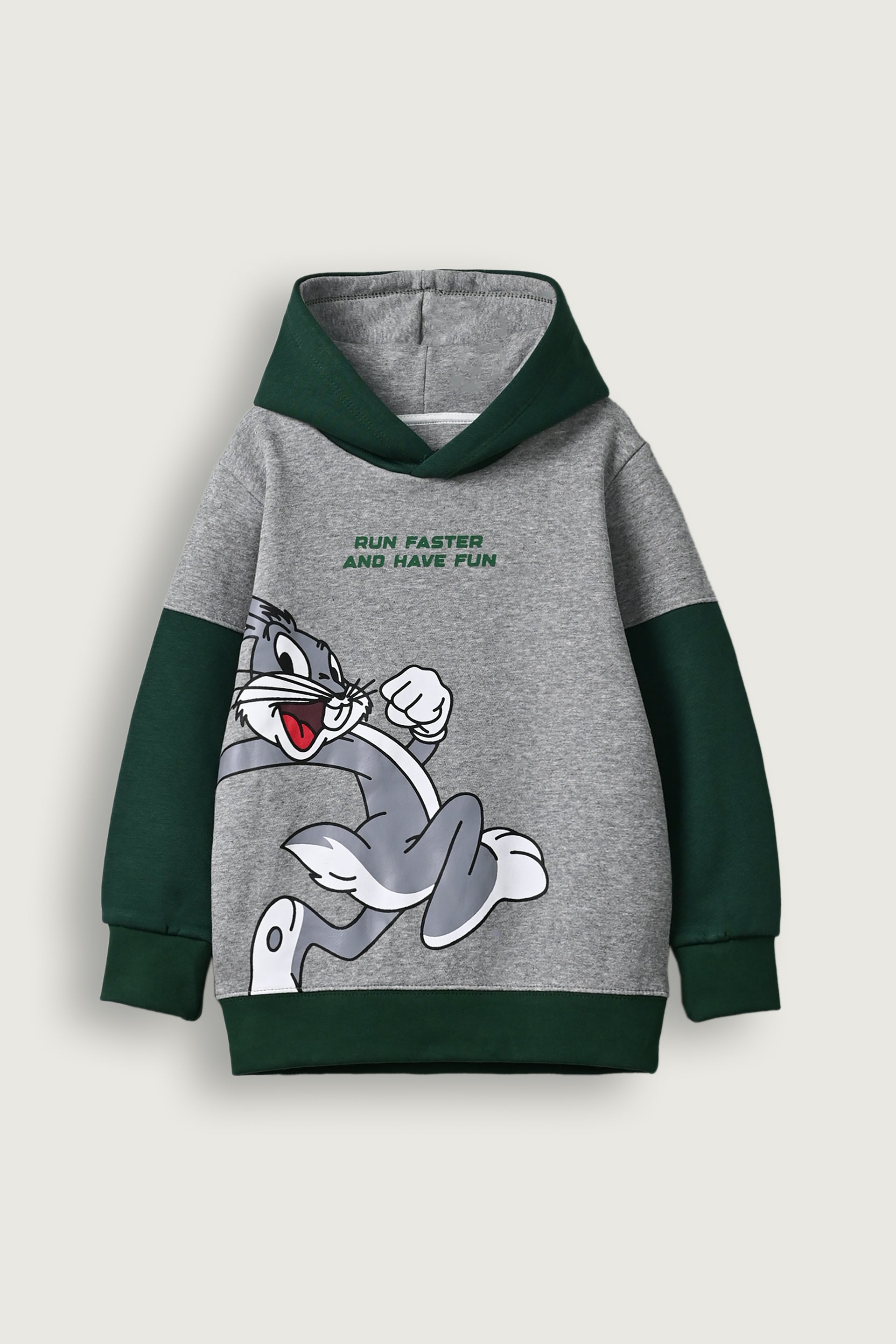 Boys grey and green bunny printed warm fleece hoodie suit