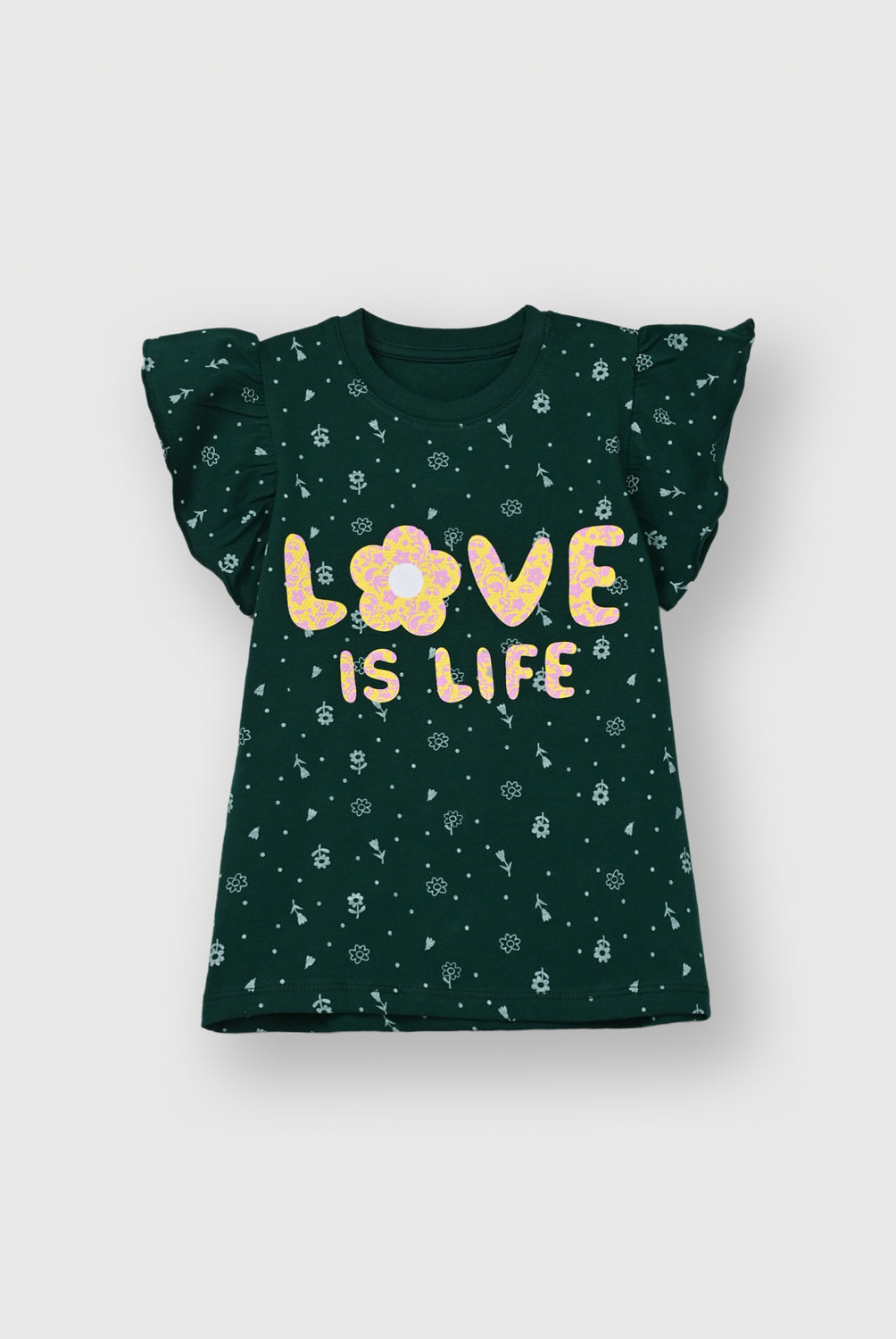 Mint Green Flutter Sleeve Floral T-Shirt for Girls